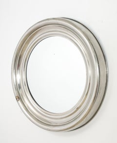 Large Stepped Silvered Brass Round Mirror, France 1950's