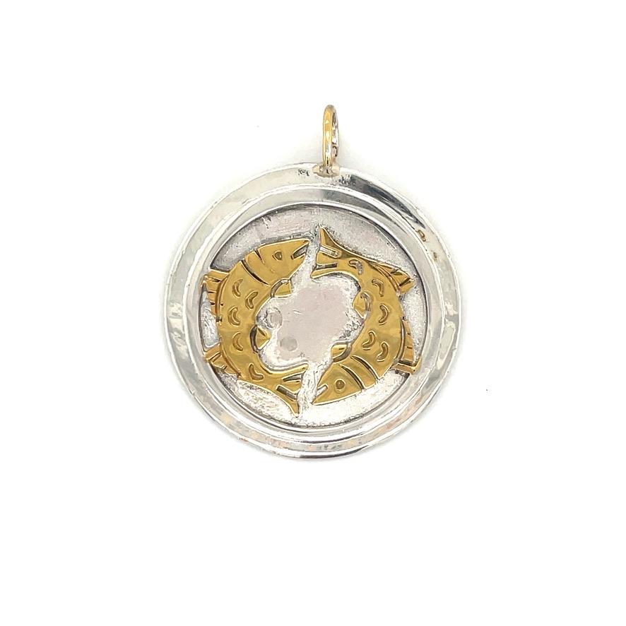 Large and bold Pisces pendant/charm.  A double circle sterling border.  Two 18K yellow gold fish are applied in the center.  1 1/2