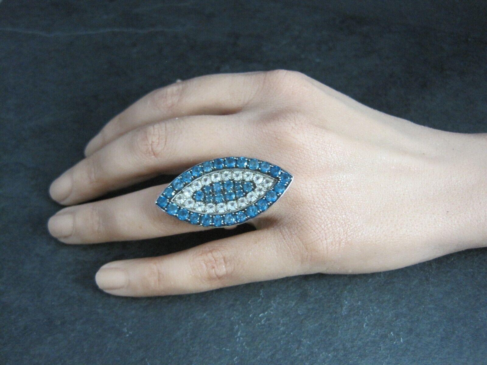 Large Sterling Blue & White Topaz Eye Ring Size 6 For Sale 1