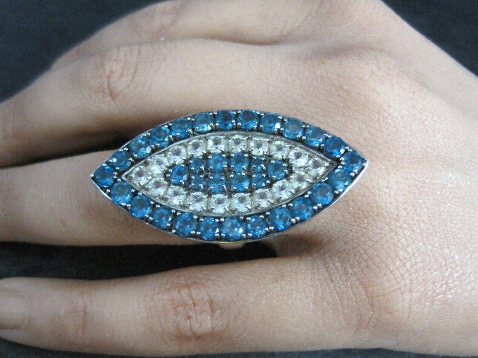 Large Sterling Blue & White Topaz Eye Ring Size 6 For Sale 2