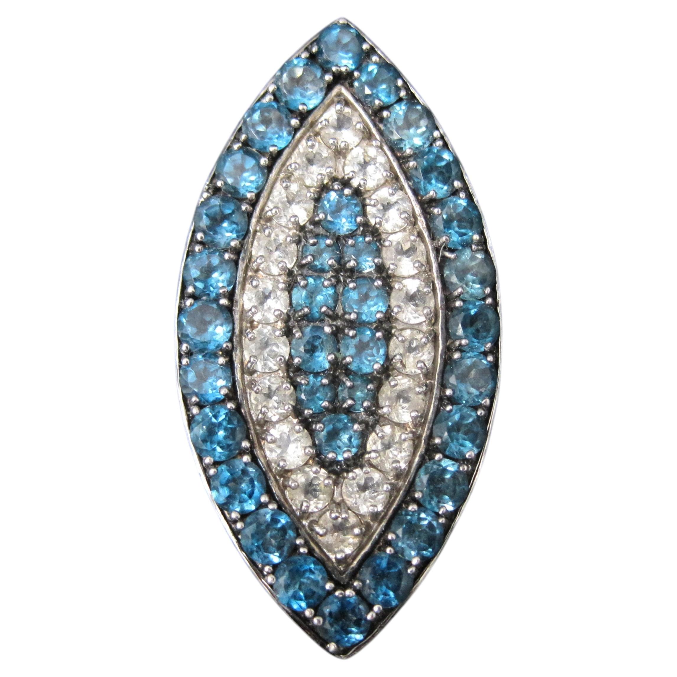 Large Sterling Silver Blue & White Topaz Cocktail Ring Size 6 For Sale