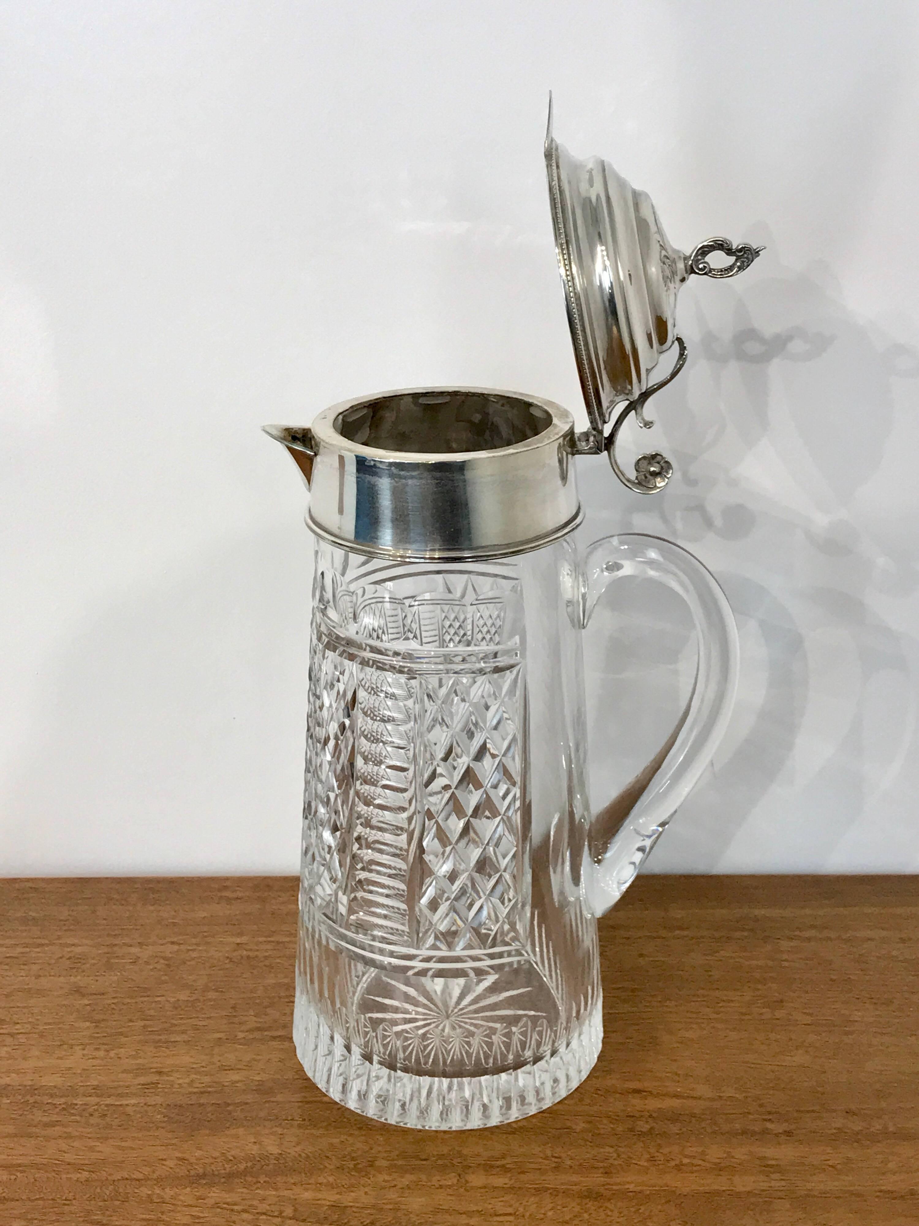 Sterling Mounted Cut Glass Claret Jug In Excellent Condition For Sale In West Palm Beach, FL