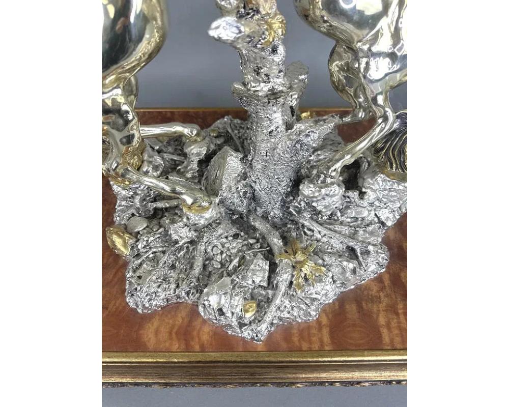 XIX secolo Grande scultura di cavallo doppio rivestita in argento Sterling 925 in vendita