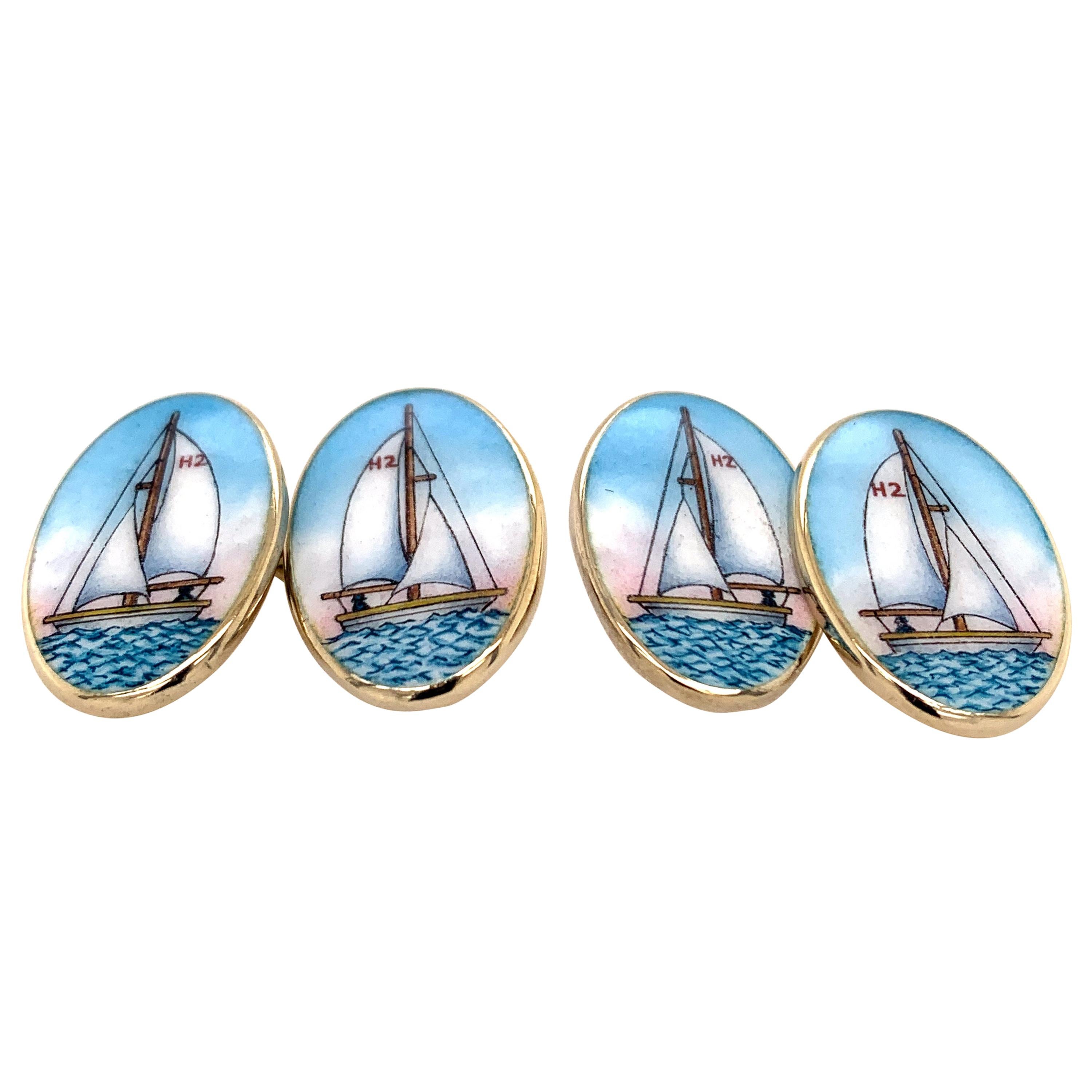 Large Sterling Silver and Enamel Sailboat Cufflinks