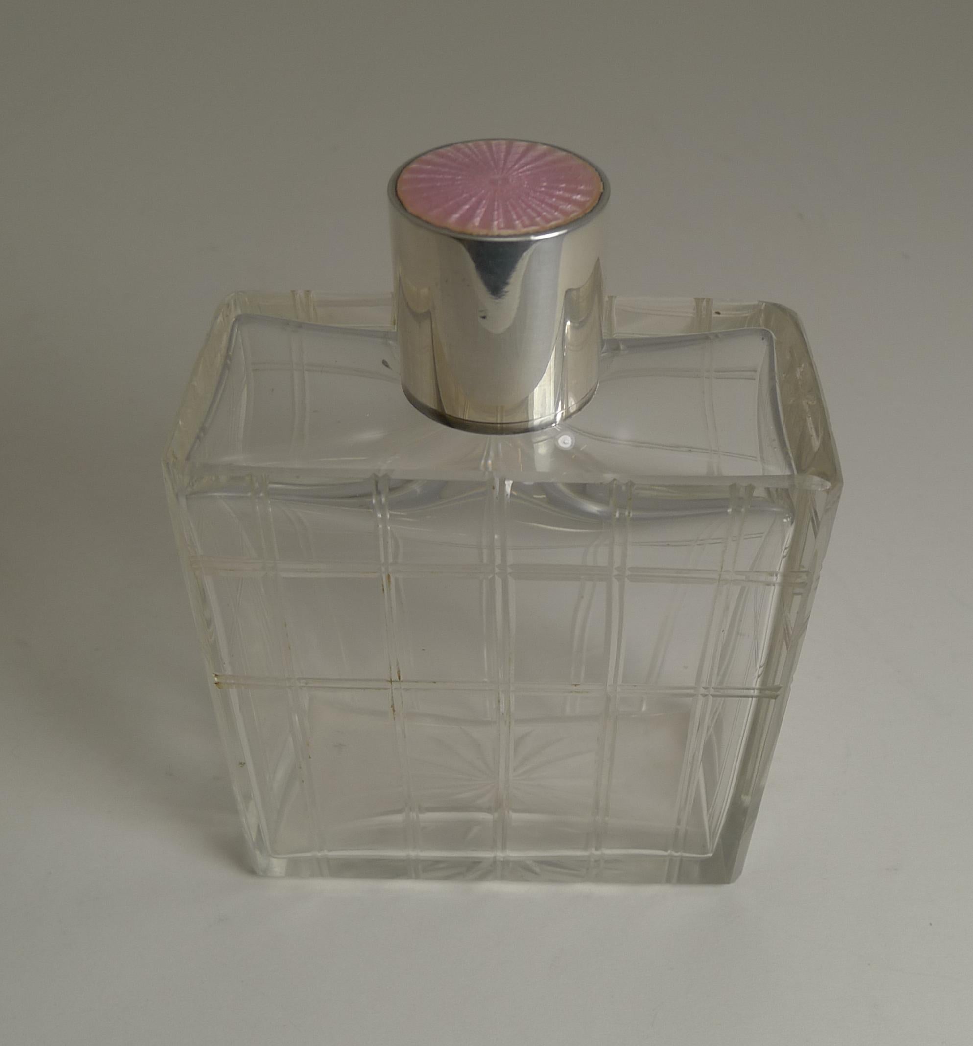 Art Deco Large Sterling Silver and Guilloche Enamel Topped Cologne / Scent Bottle