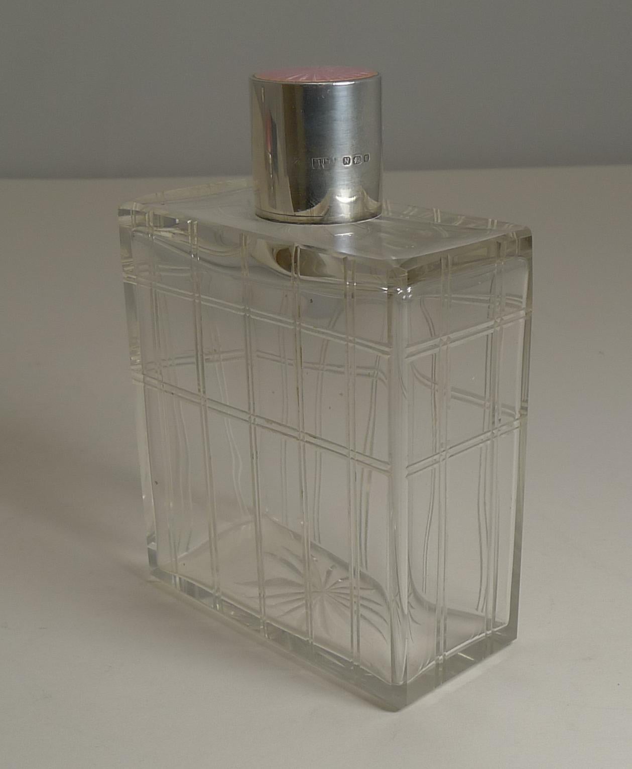 Large Sterling Silver and Guilloche Enamel Topped Cologne / Scent Bottle In Good Condition In Bath, GB