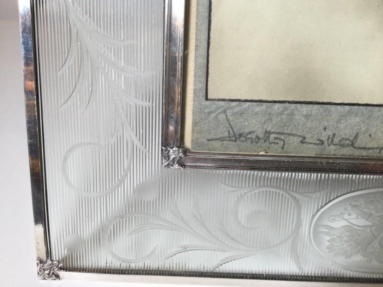 Large Sterling Silver and Hawkes Engraved Glass Picture Frame For Sale