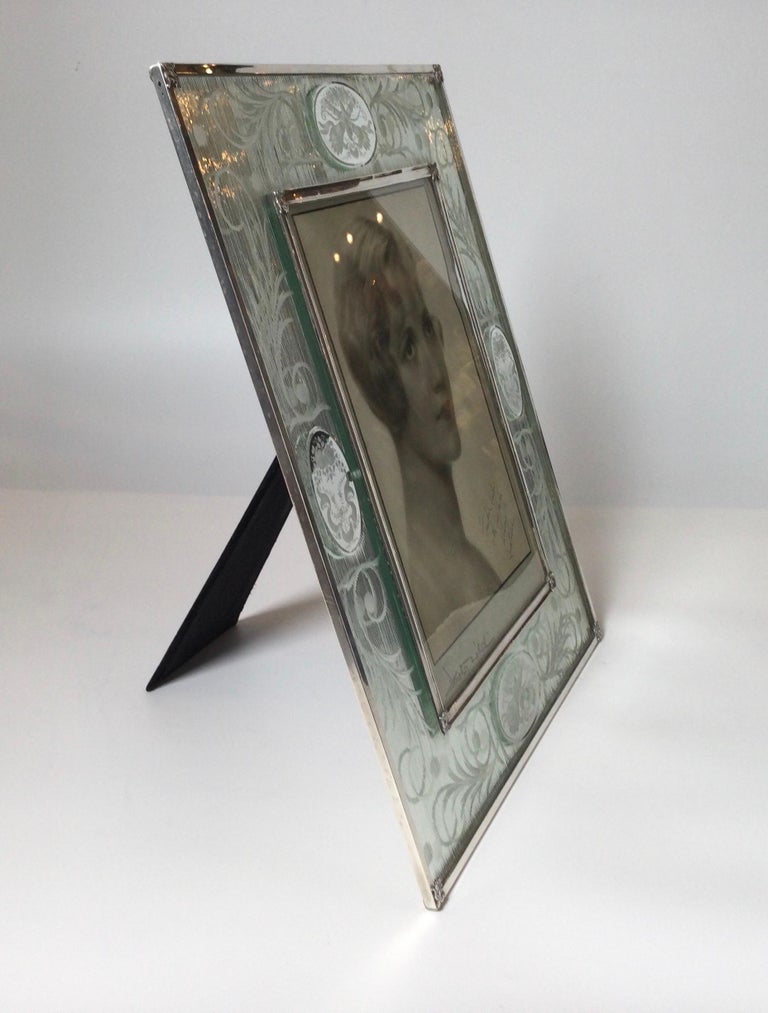 Large Sterling Silver and Hawkes Engraved Glass Picture Frame For Sale