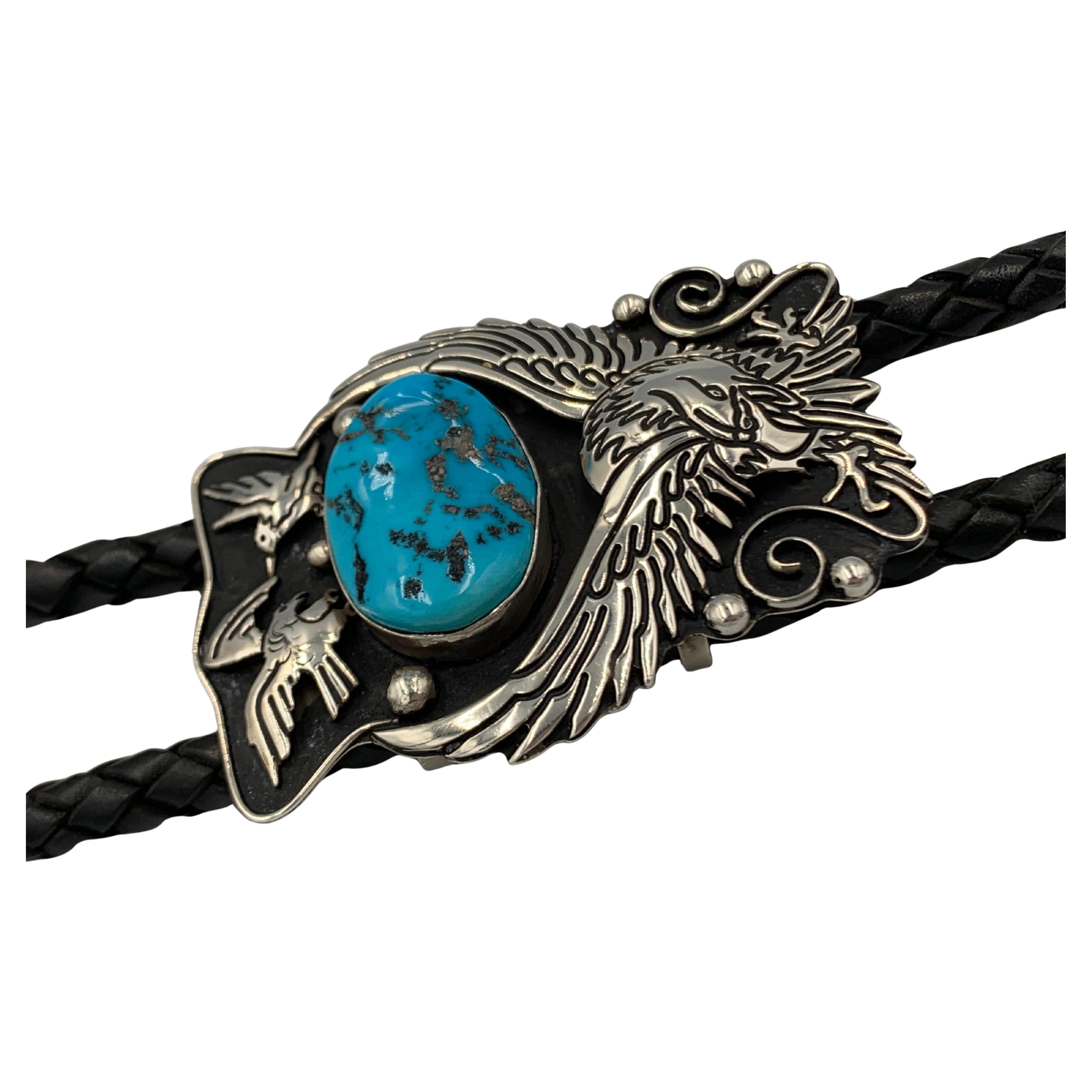 Native American Large Sterling Silver Bolo Tie with Turquoise by Tommy Singer For Sale
