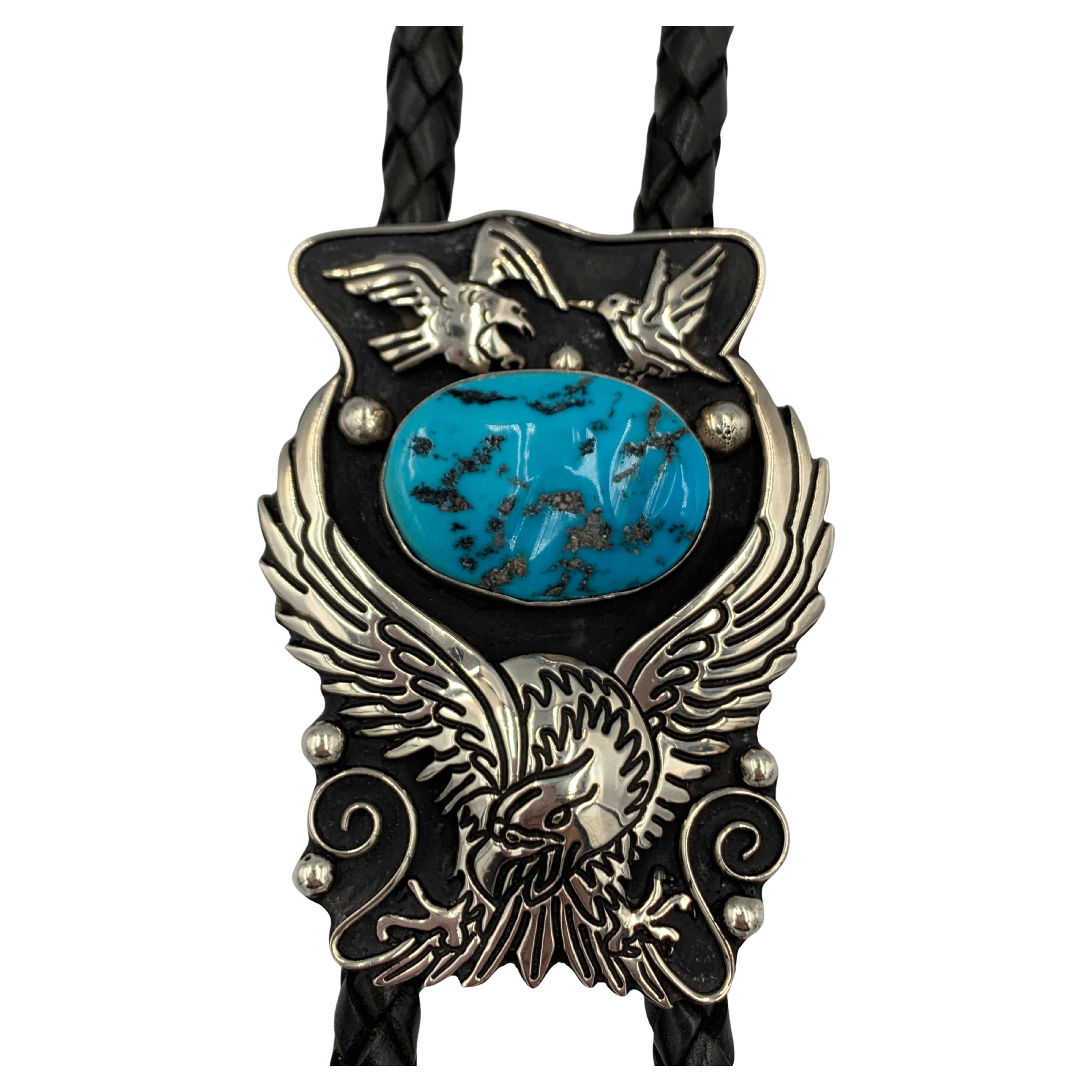 Large Sterling Silver Bolo Tie with Turquoise by Tommy Singer In New Condition For Sale In Scottsdale, AZ