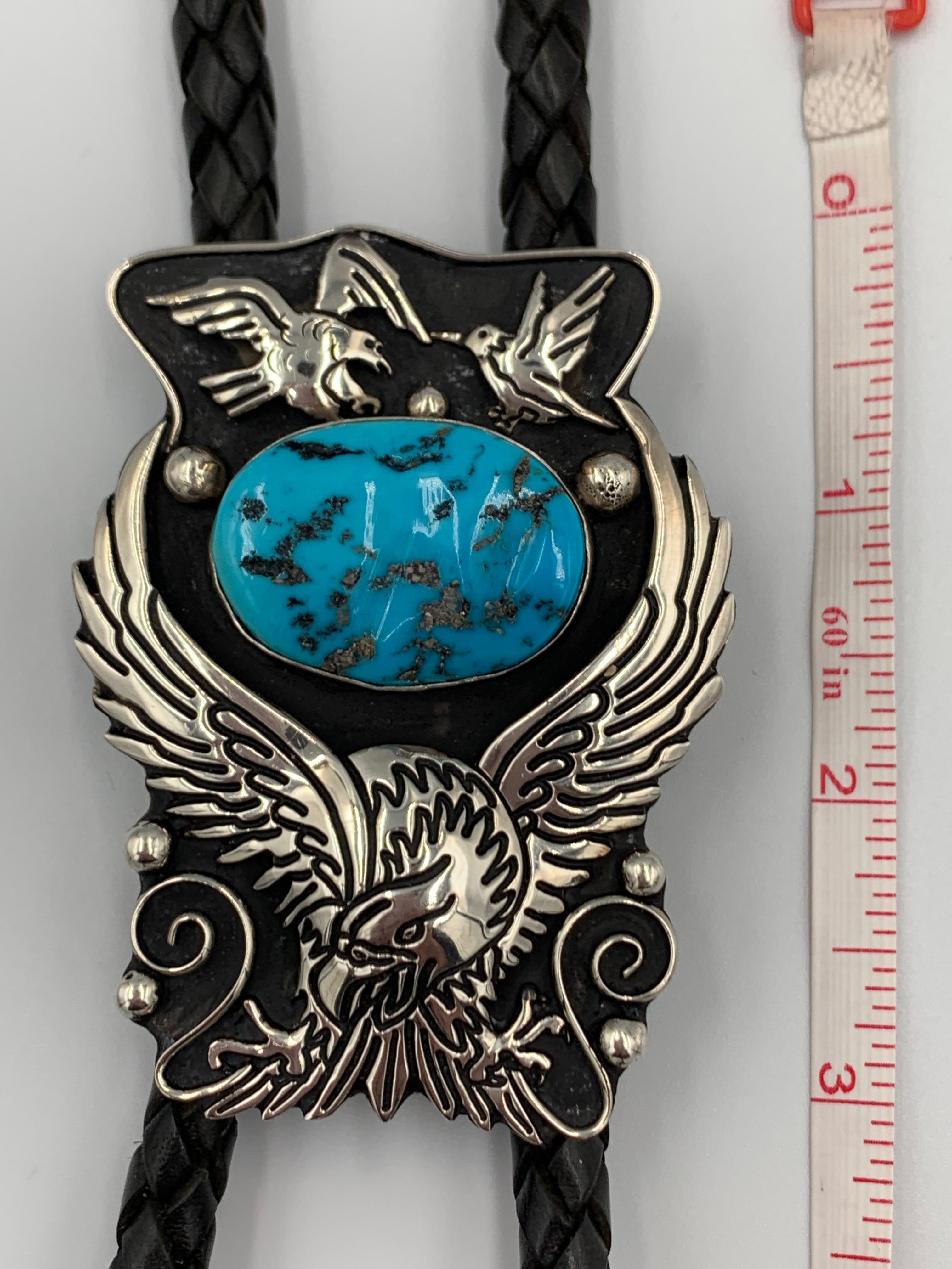 Men's Large Sterling Silver Bolo Tie with Turquoise by Tommy Singer For Sale