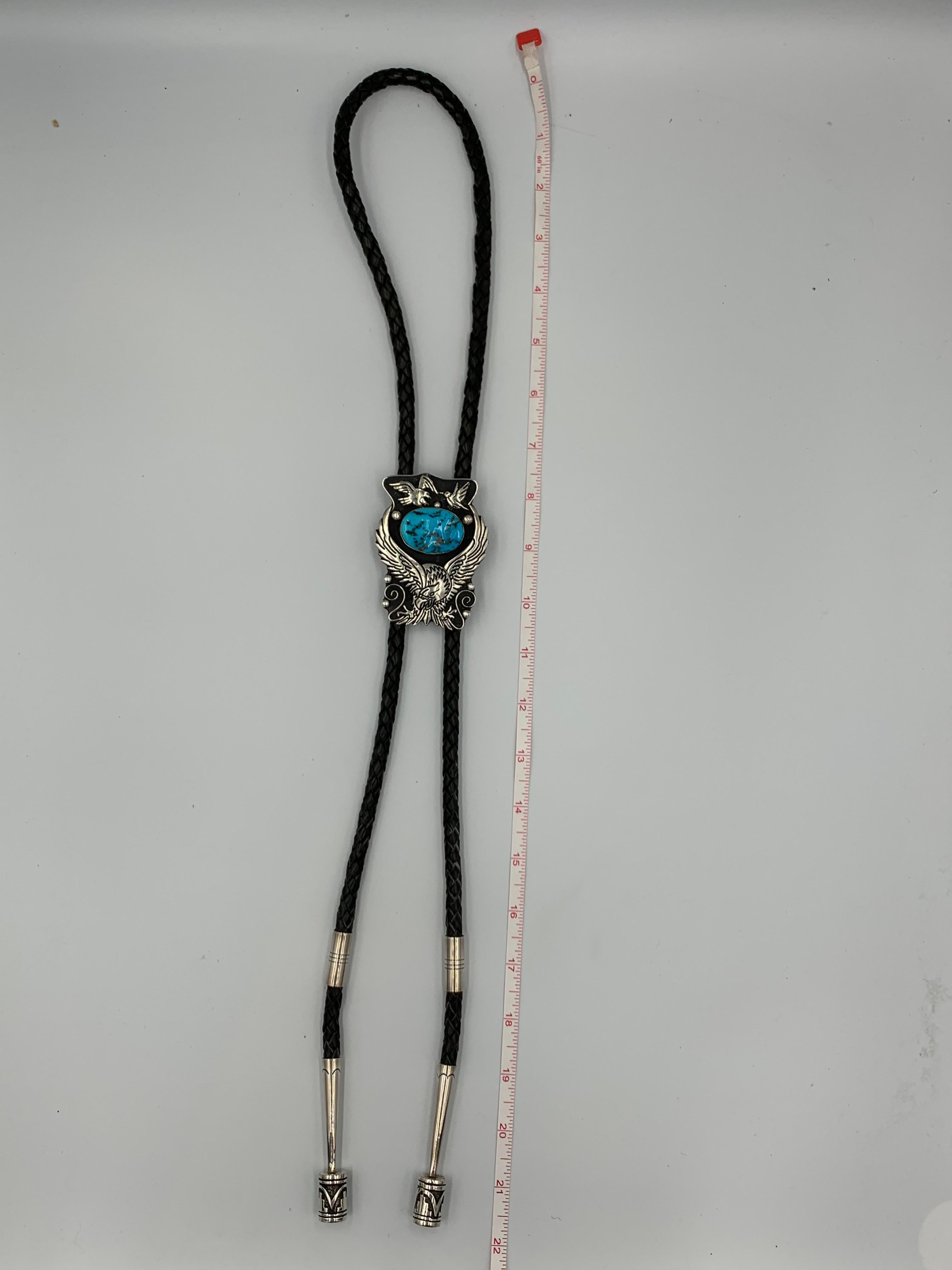 Large Sterling Silver Bolo Tie with Turquoise by Tommy Singer For Sale 1