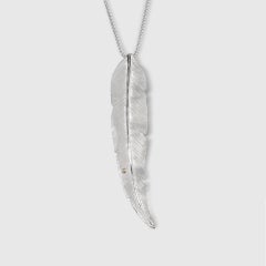 Large Sterling Silver Detailed Bird Feather Pendant w/ Diamond Detail