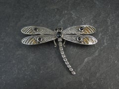Large Sterling Silver Dragonfly Brooch with Onyx Enamel Marcasites
