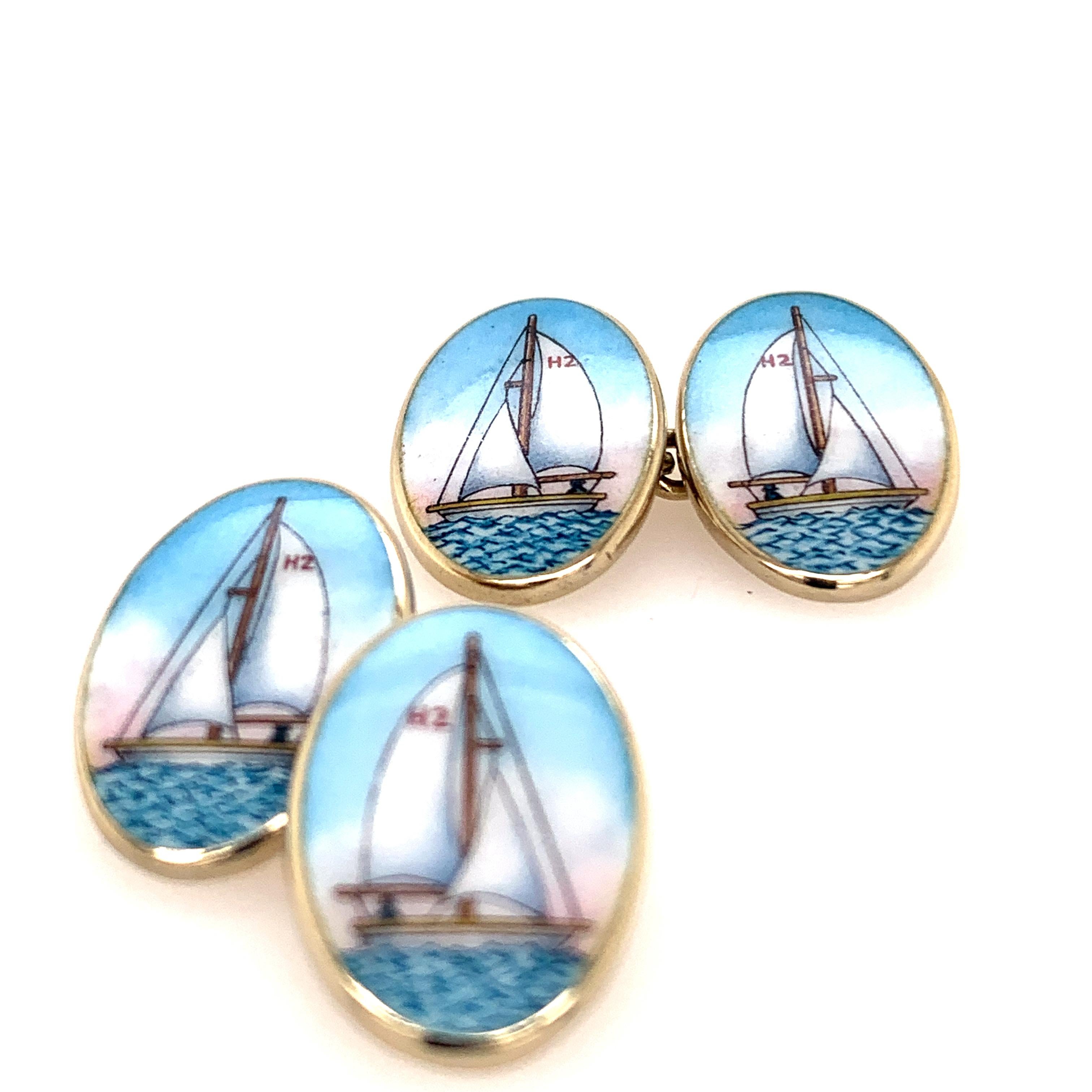 Women's or Men's Large Sterling Silver and Enamel Sailboat Cufflinks