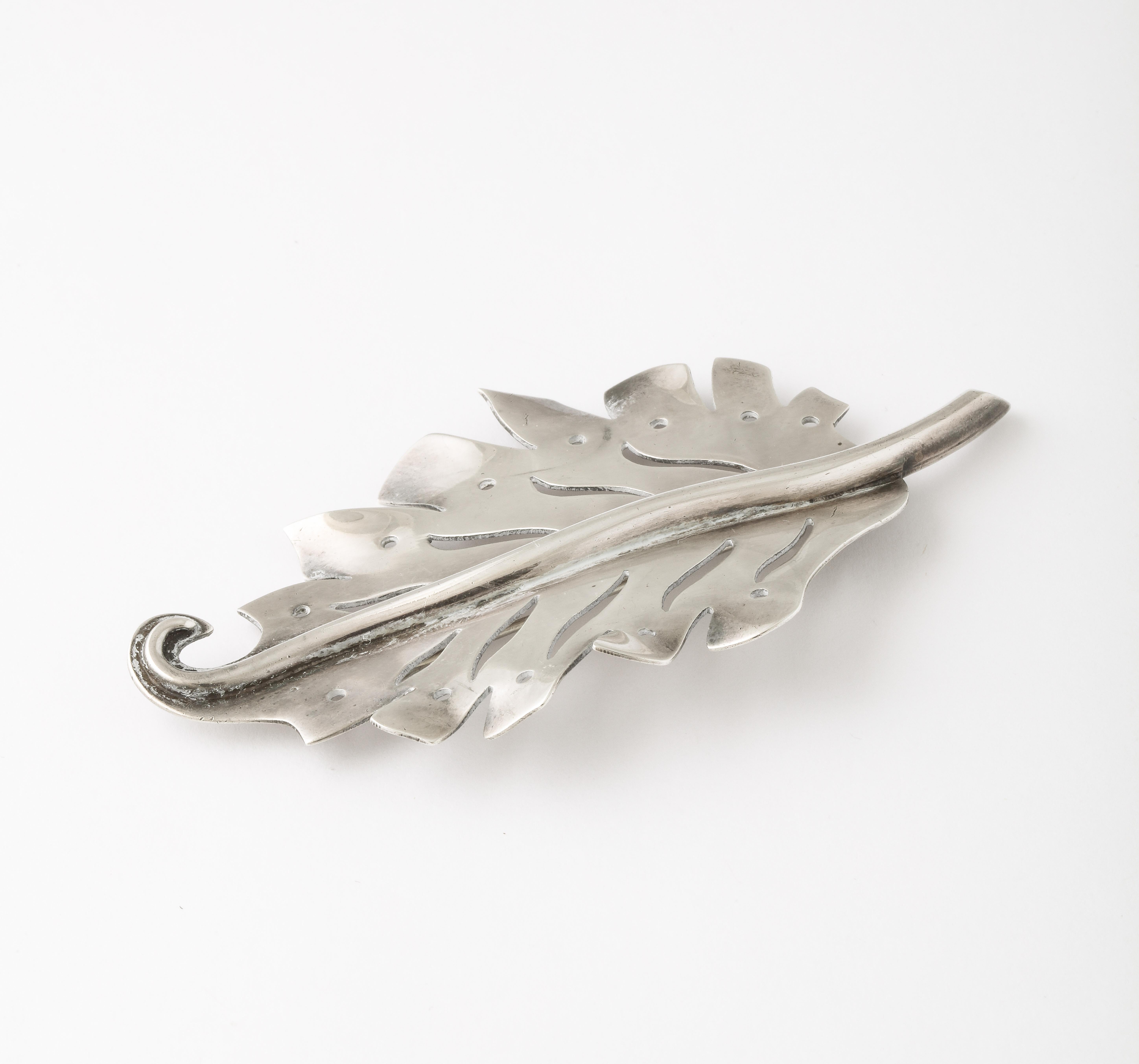 Retro Large Sterling Silver Leaf Brooch c. 1940 For Sale