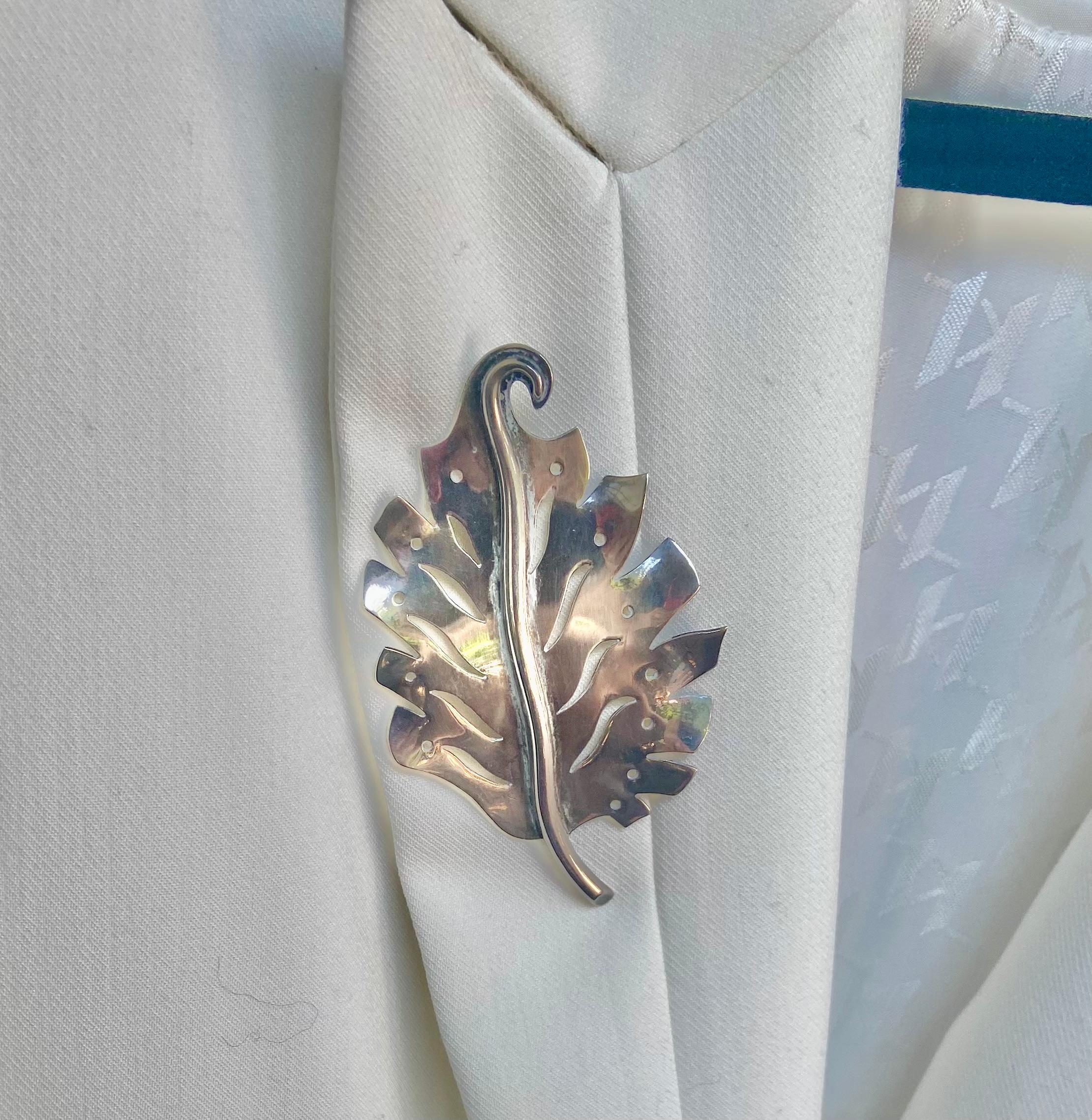 Women's or Men's Large Sterling Silver Leaf Brooch c. 1940 For Sale