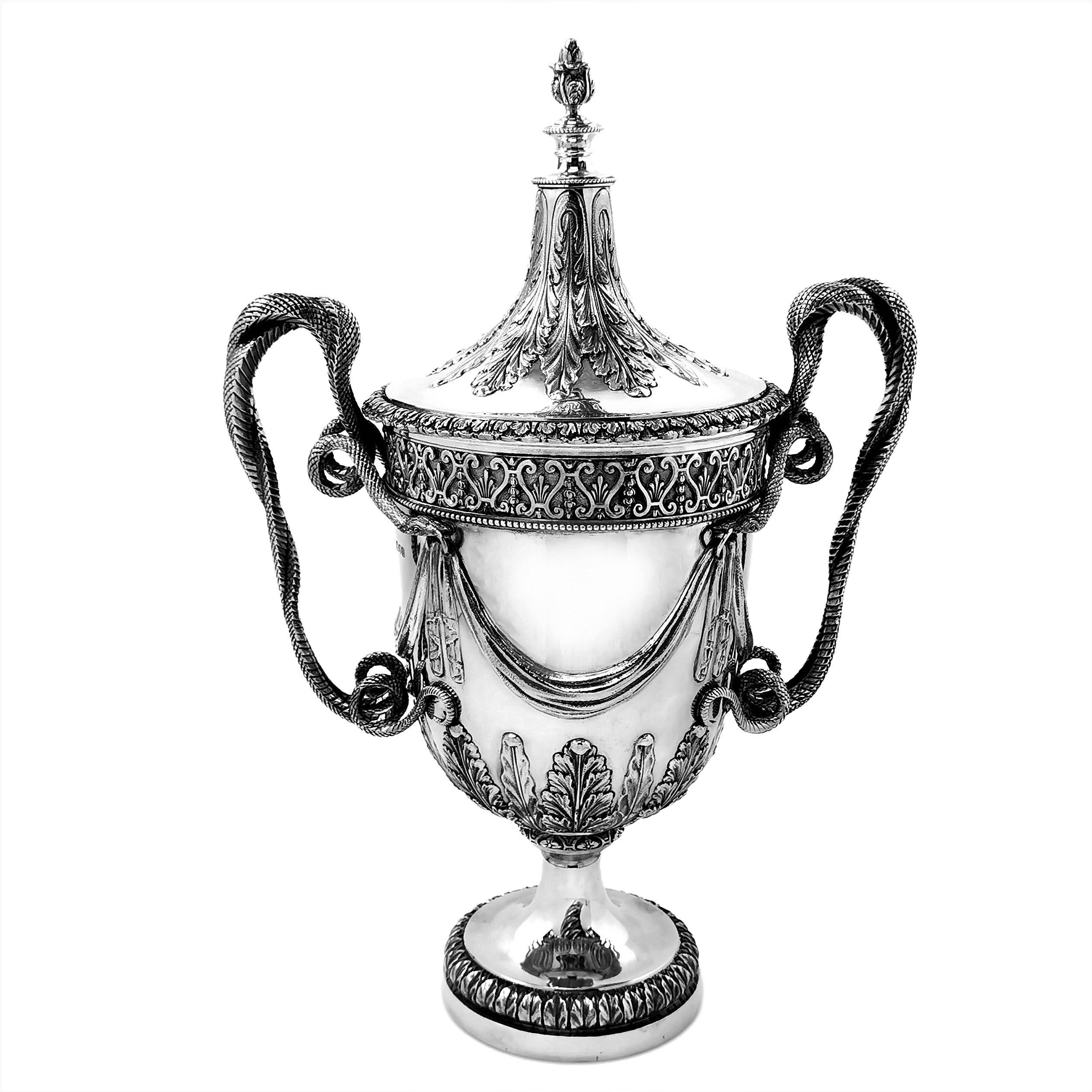 English Large Sterling Silver Lidded Cup Trophy 1927 Regency Snake Handles Vase Cooler