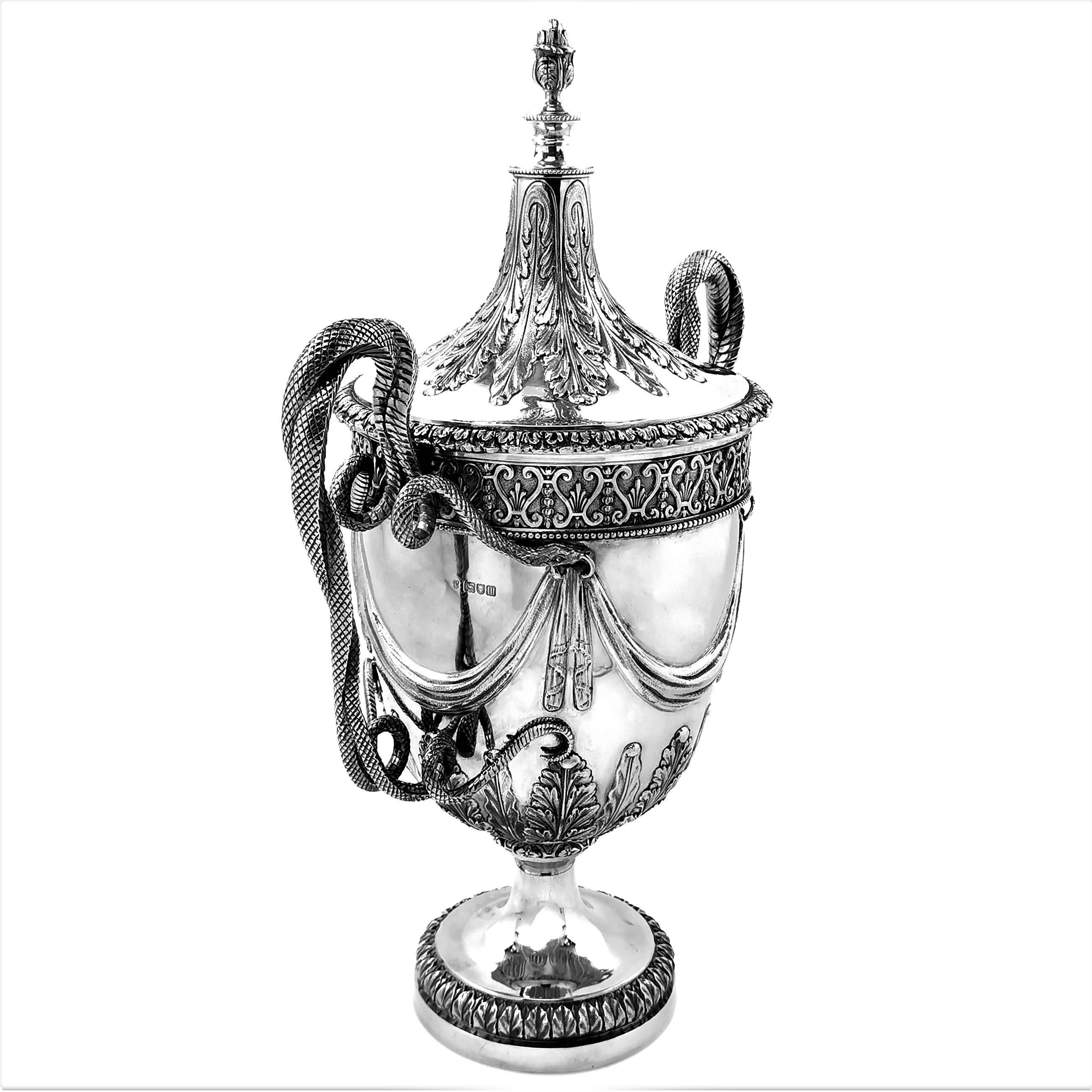 Large Sterling Silver Lidded Cup Trophy 1927 Regency Snake Handles Vase Cooler In Good Condition In London, GB