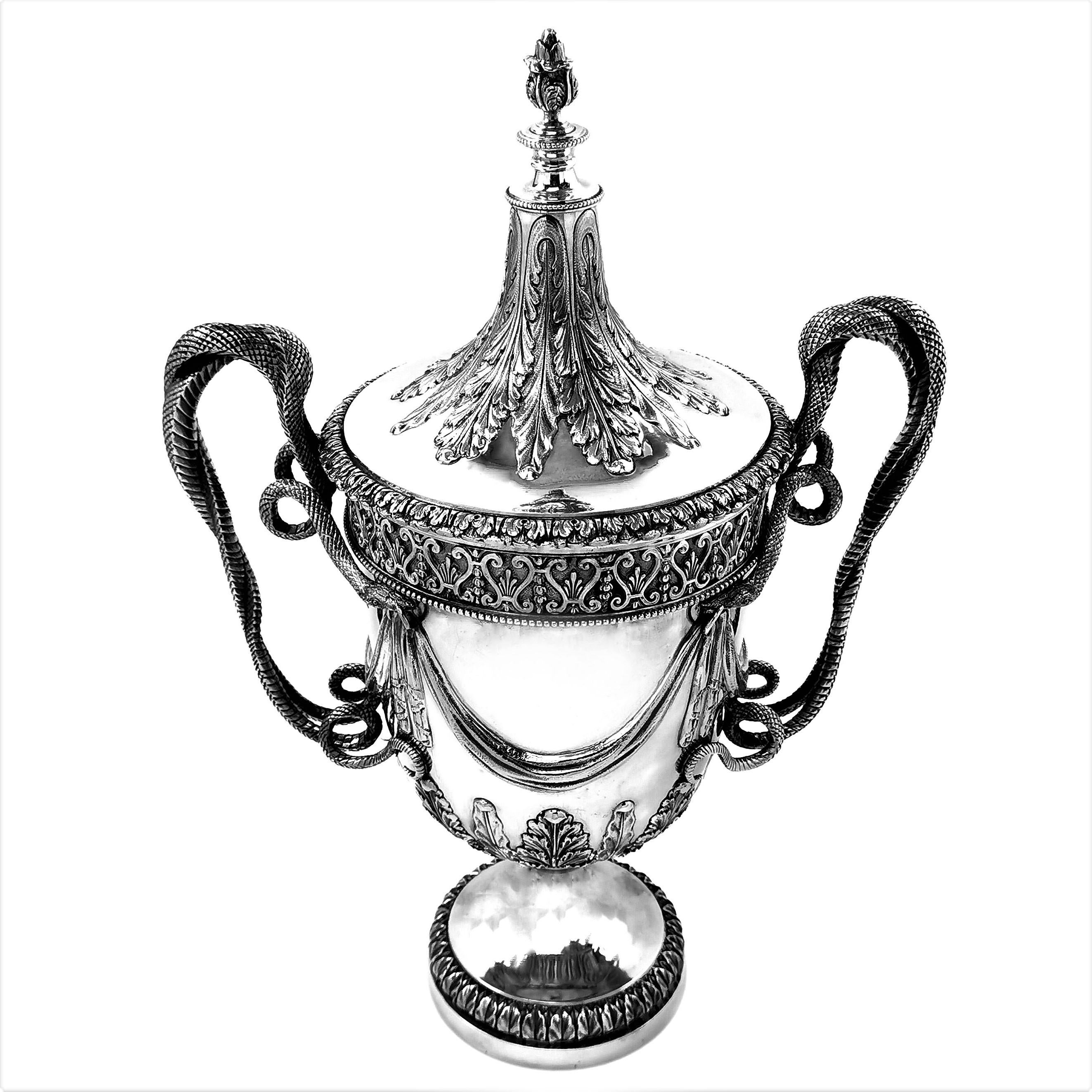 20th Century Large Sterling Silver Lidded Cup Trophy 1927 Regency Snake Handles Vase Cooler