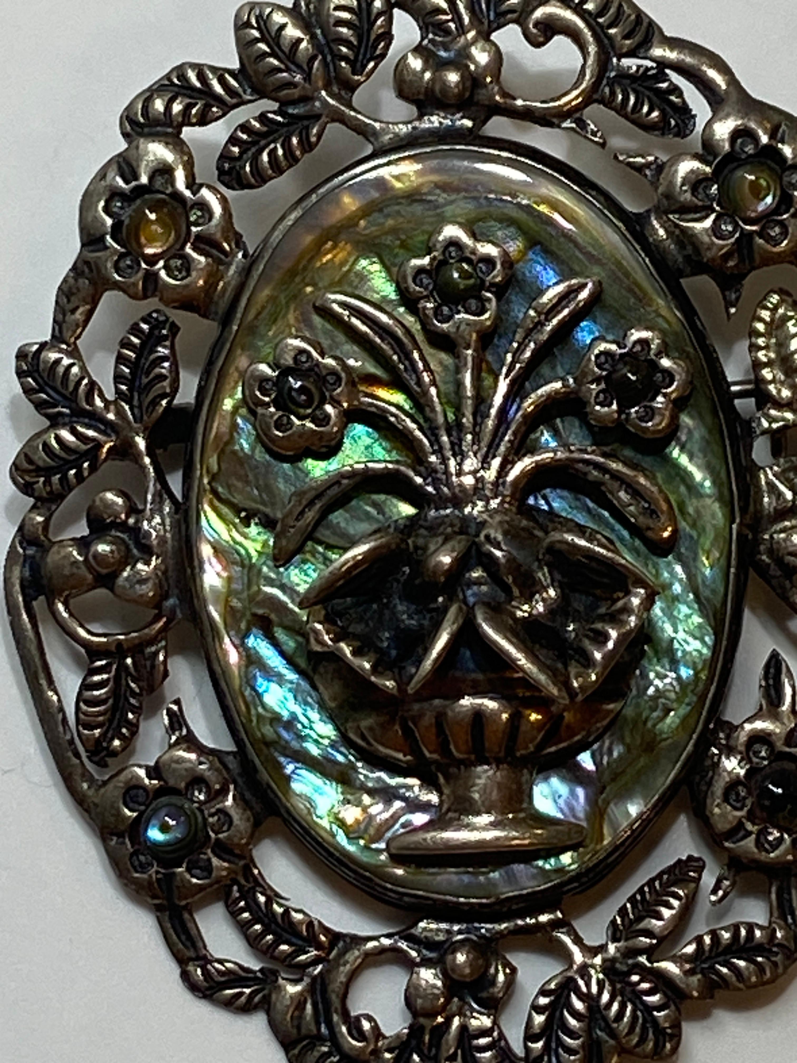 Large Sterling Silver 'Maker's Mark' JFR Abalone-Center Floral Brooch For Sale 4