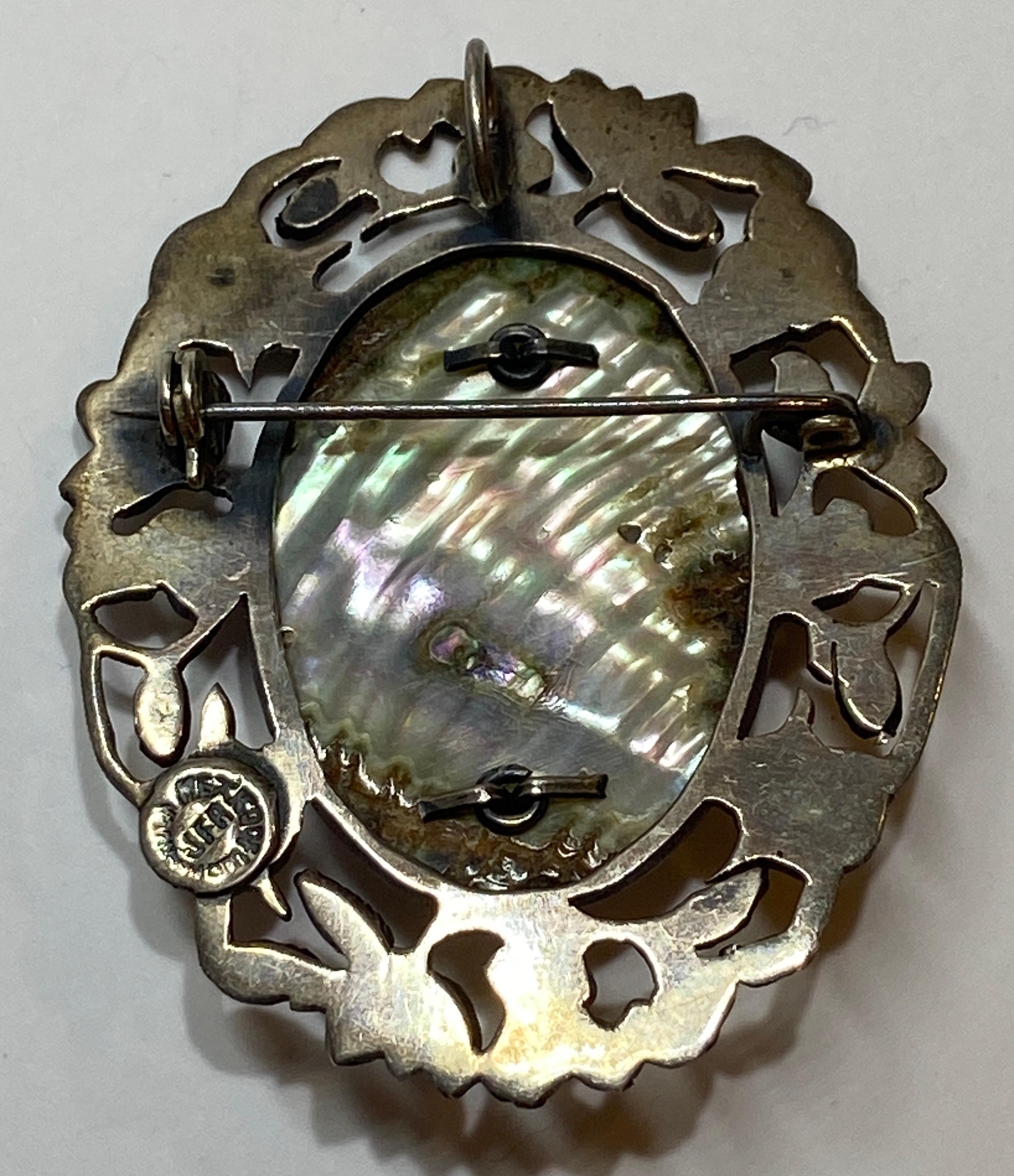 Artisan Large Sterling Silver 'Maker's Mark' JFR Abalone-Center Floral Brooch For Sale