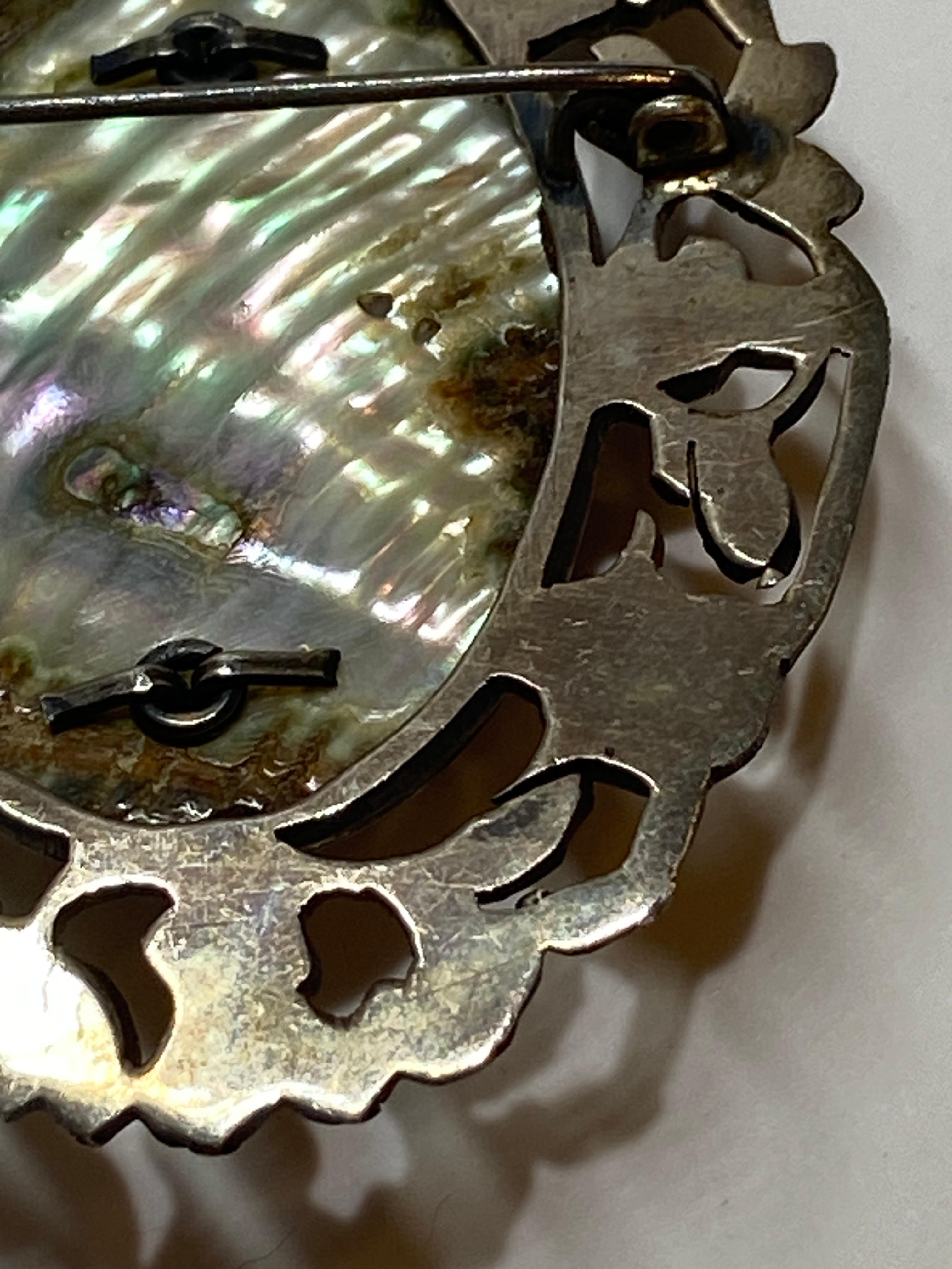 Large Sterling Silver 'Maker's Mark' JFR Abalone-Center Floral Brooch For Sale 1