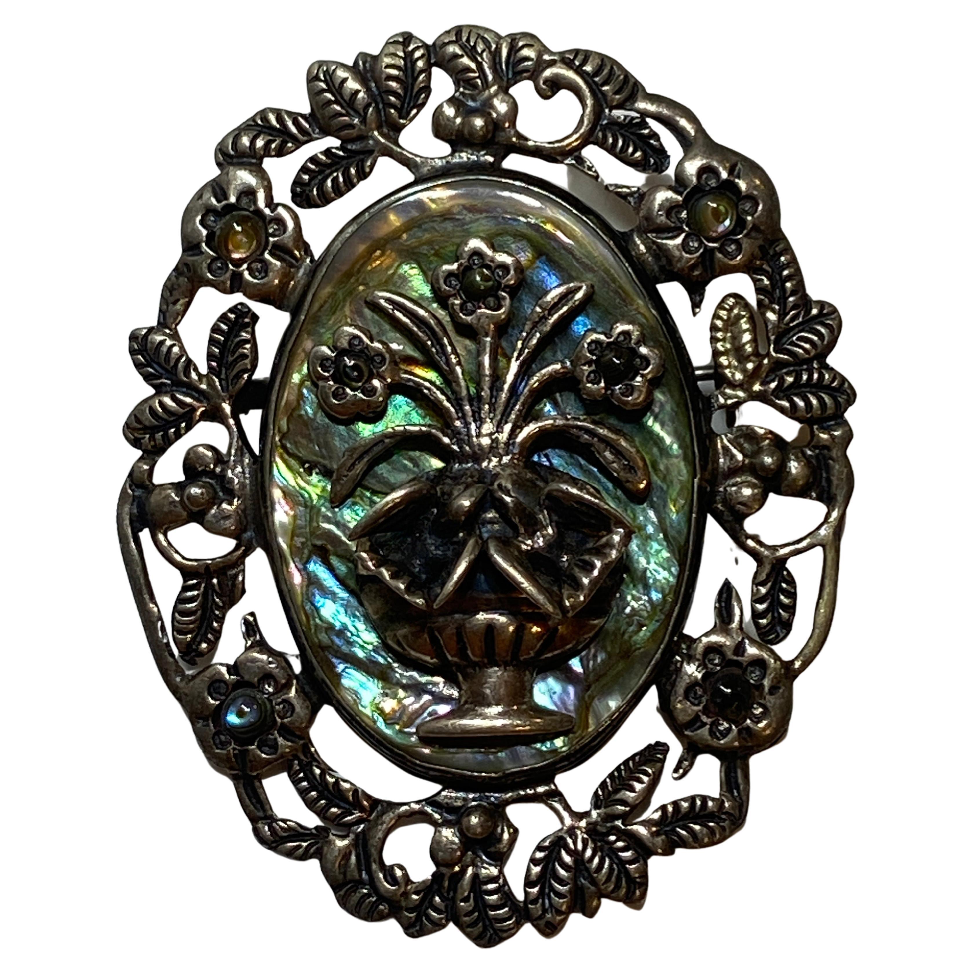 Large Sterling Silver 'Maker's Mark' JFR Abalone-Center Floral Brooch For Sale