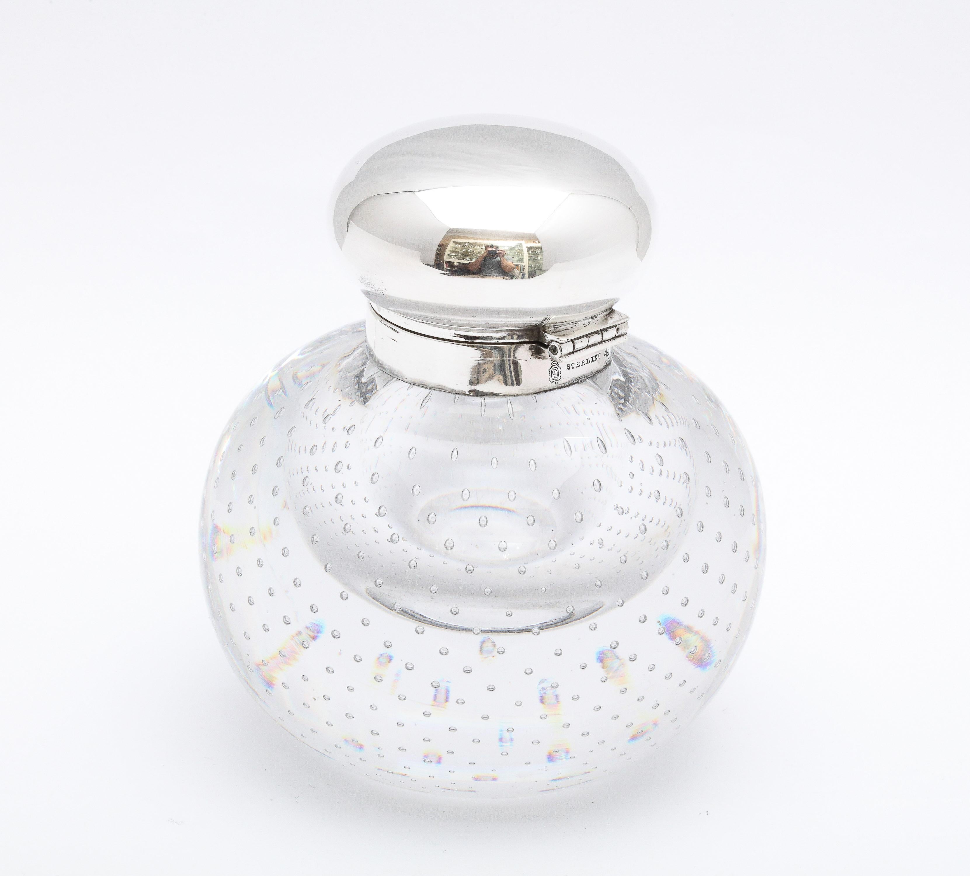 Large Sterling Silver-Mounted Controlled Bubbles Crystal Inkwell by Durgin 7