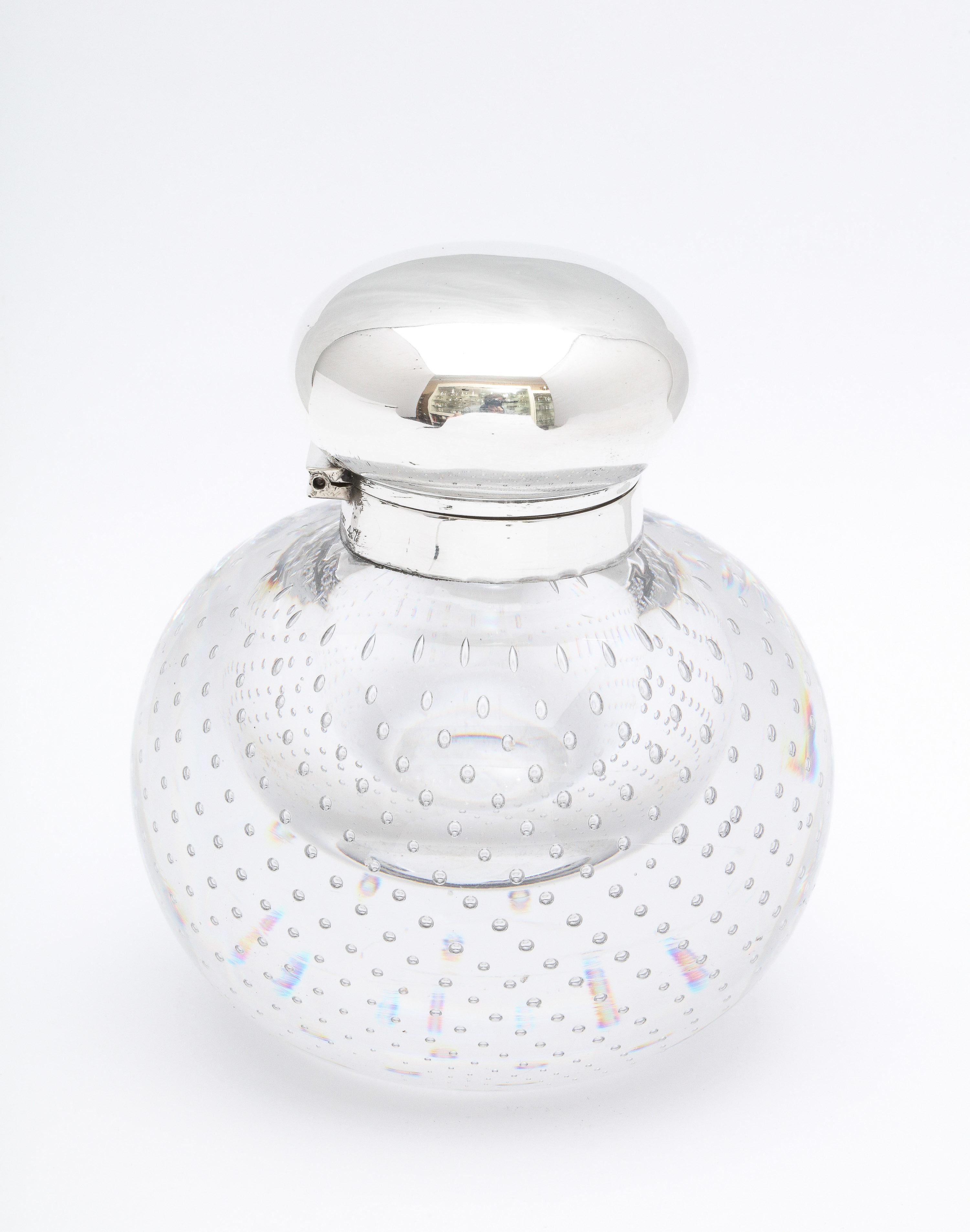 Large Sterling Silver-Mounted Controlled Bubbles Crystal Inkwell by Durgin 1