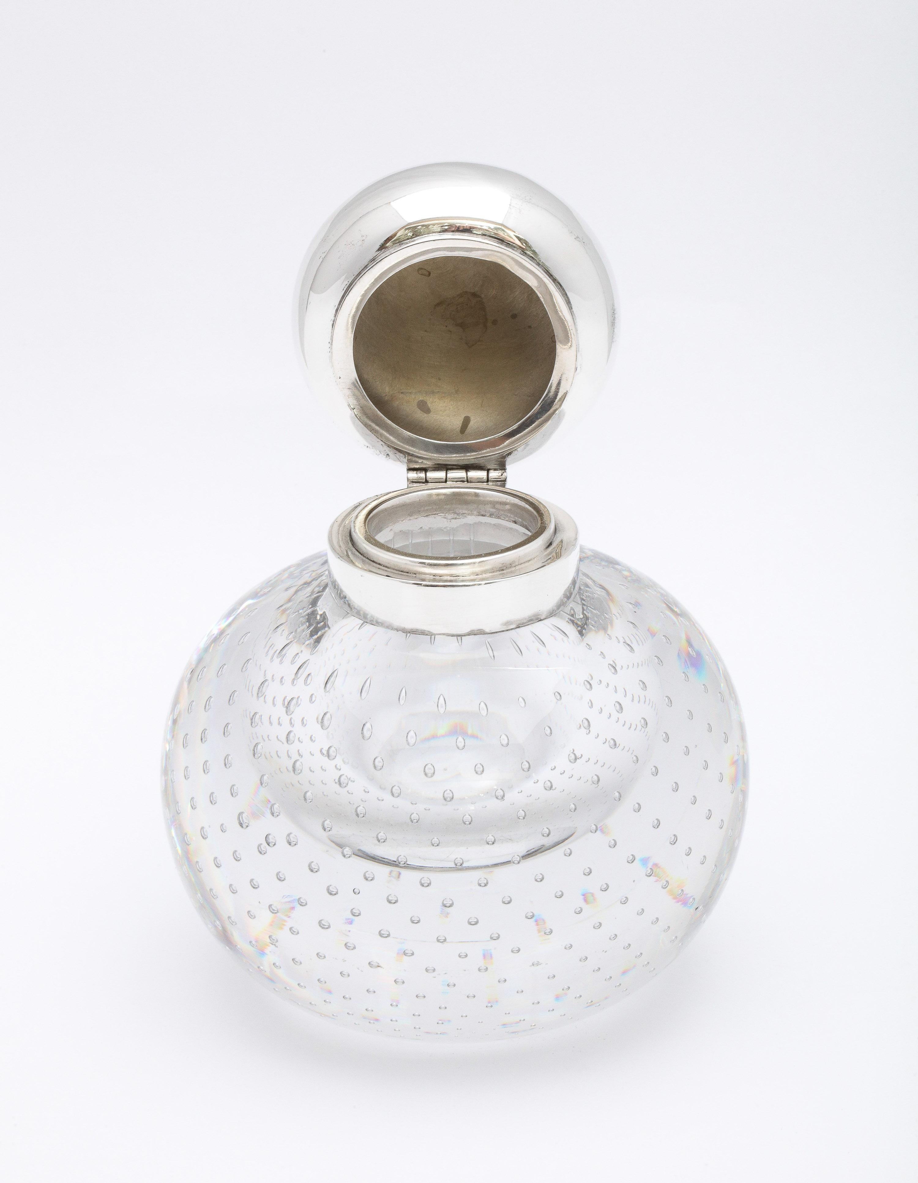 Large Sterling Silver-Mounted Controlled Bubbles Crystal Inkwell by Durgin 4