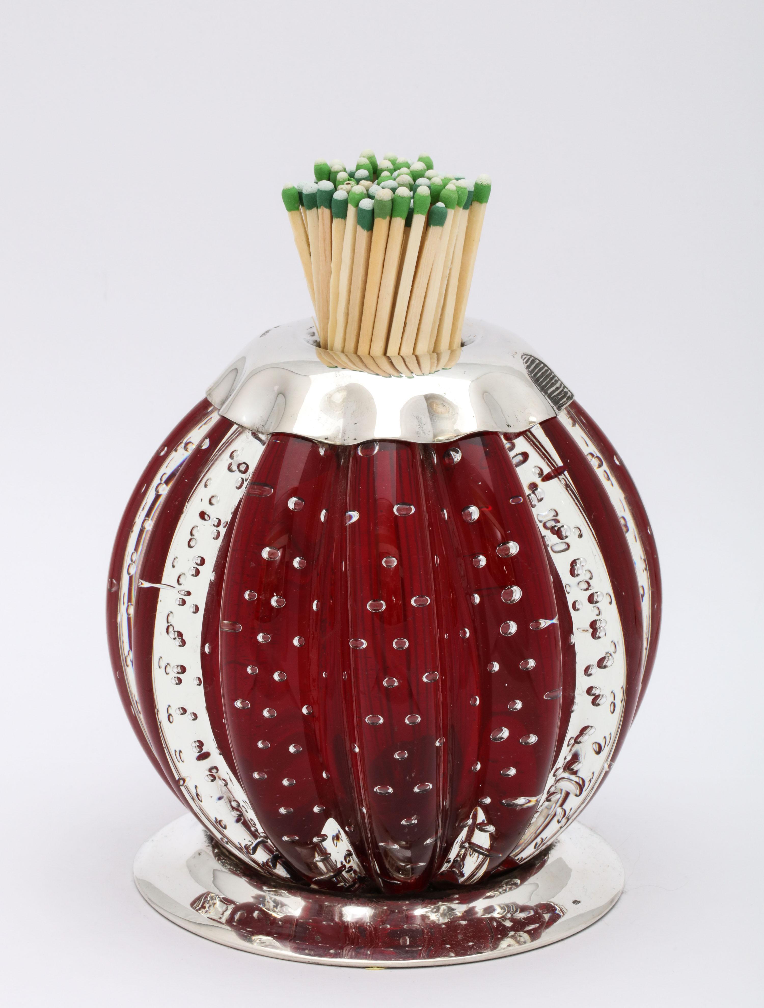 Modern, large, sterling silver-mounted controlled bubbles red crystal match striker on sterling silver base, Sheffield, England, Ca. 2000, Carrs of Sheffield - makers. Has full sterling silver match cup. Measures 4 3/4 inches high x over 4 1/2