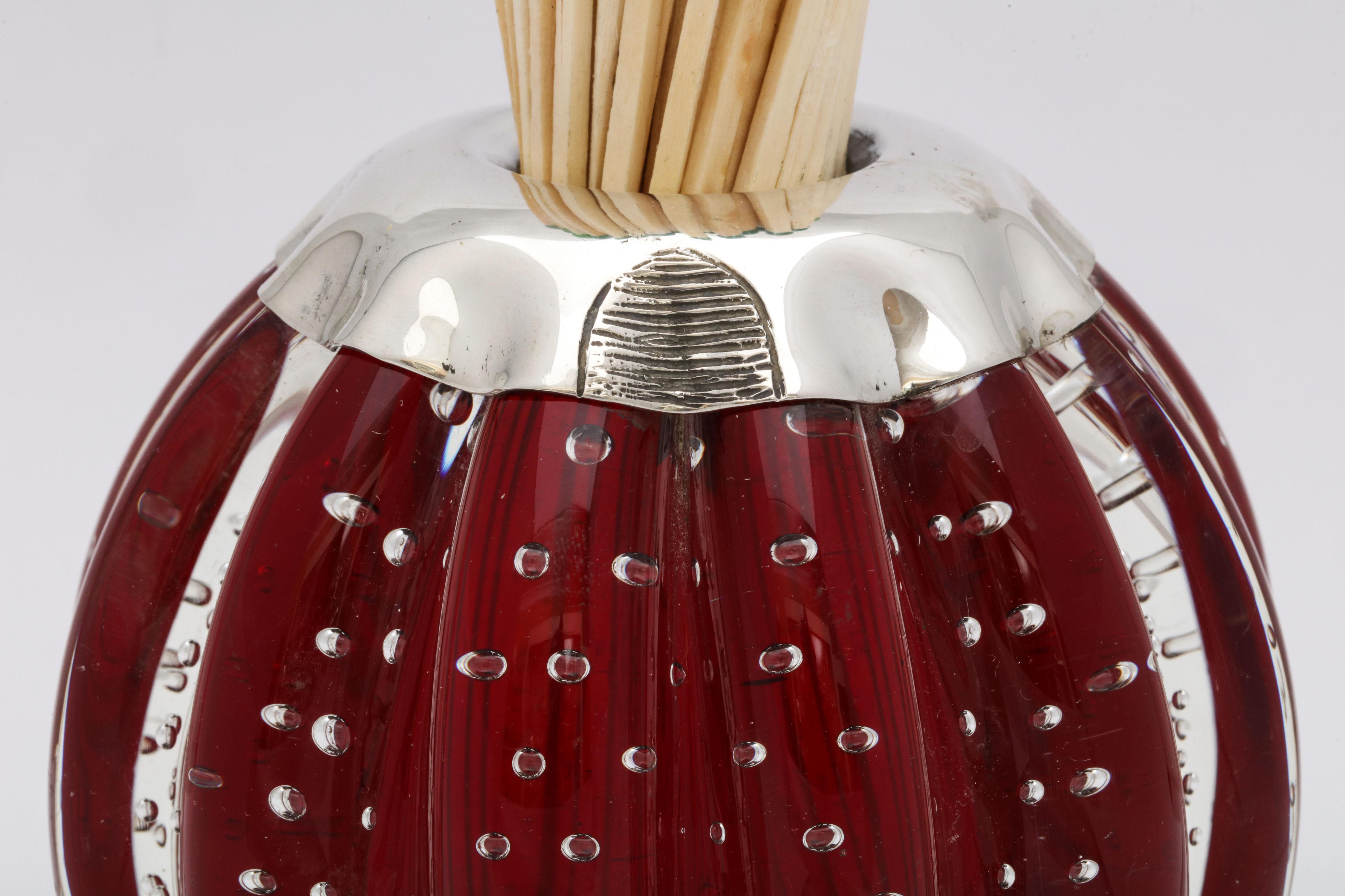 Modern Large Sterling Silver-Mounted Controlled Bubbles Red Crystal Match Striker