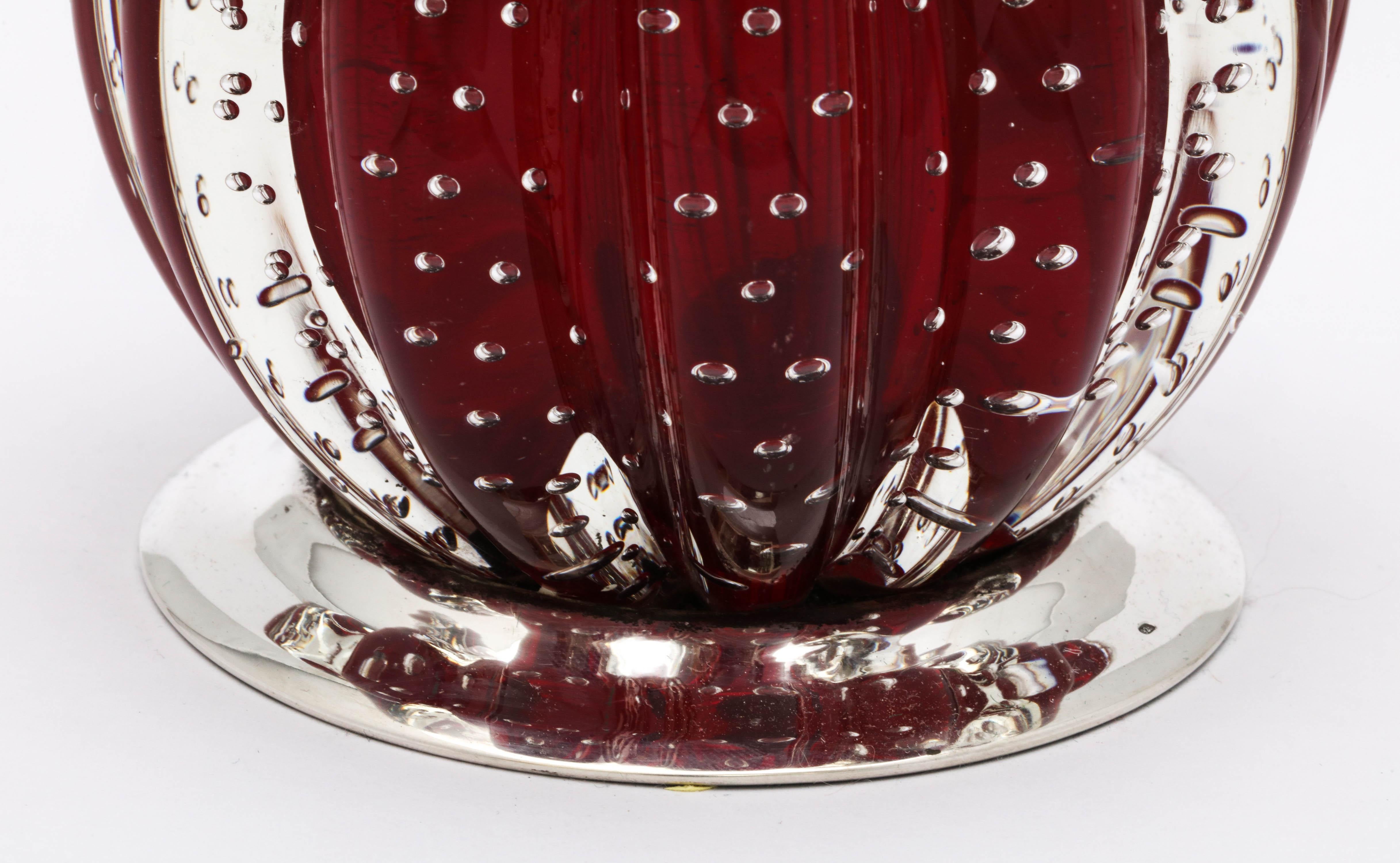 Large Sterling Silver-Mounted Controlled Bubbles Red Crystal Match Striker In Good Condition In New York, NY