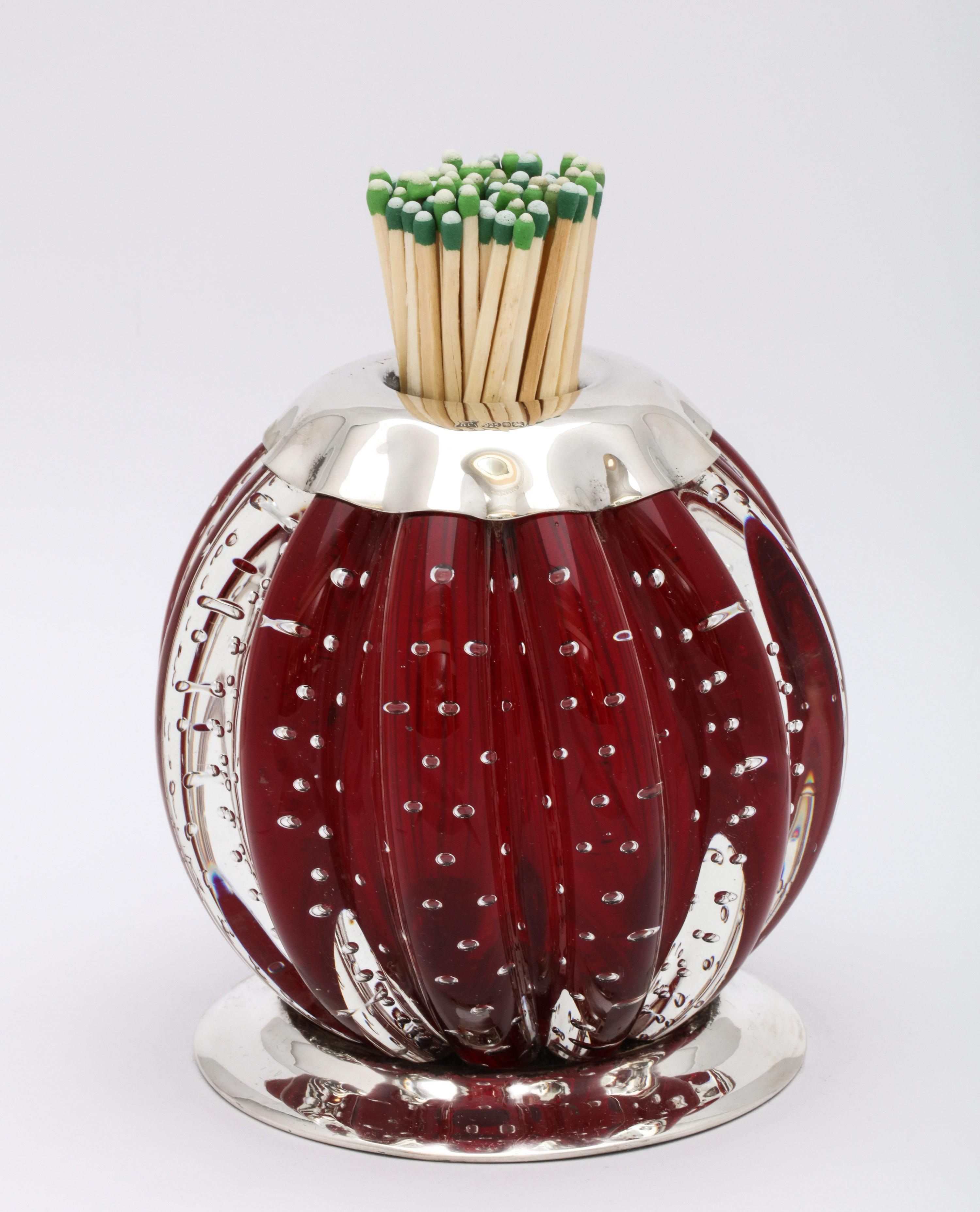 Contemporary Large Sterling Silver-Mounted Controlled Bubbles Red Crystal Match Striker