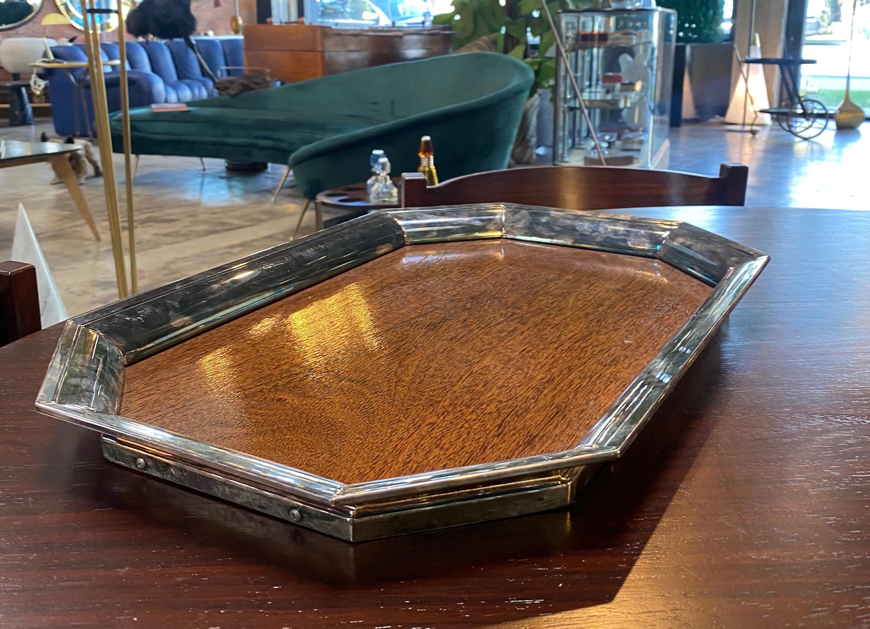 Mid-Century Modern Large Sterling Silver Mounted Wood Tray, Italy, 1950s