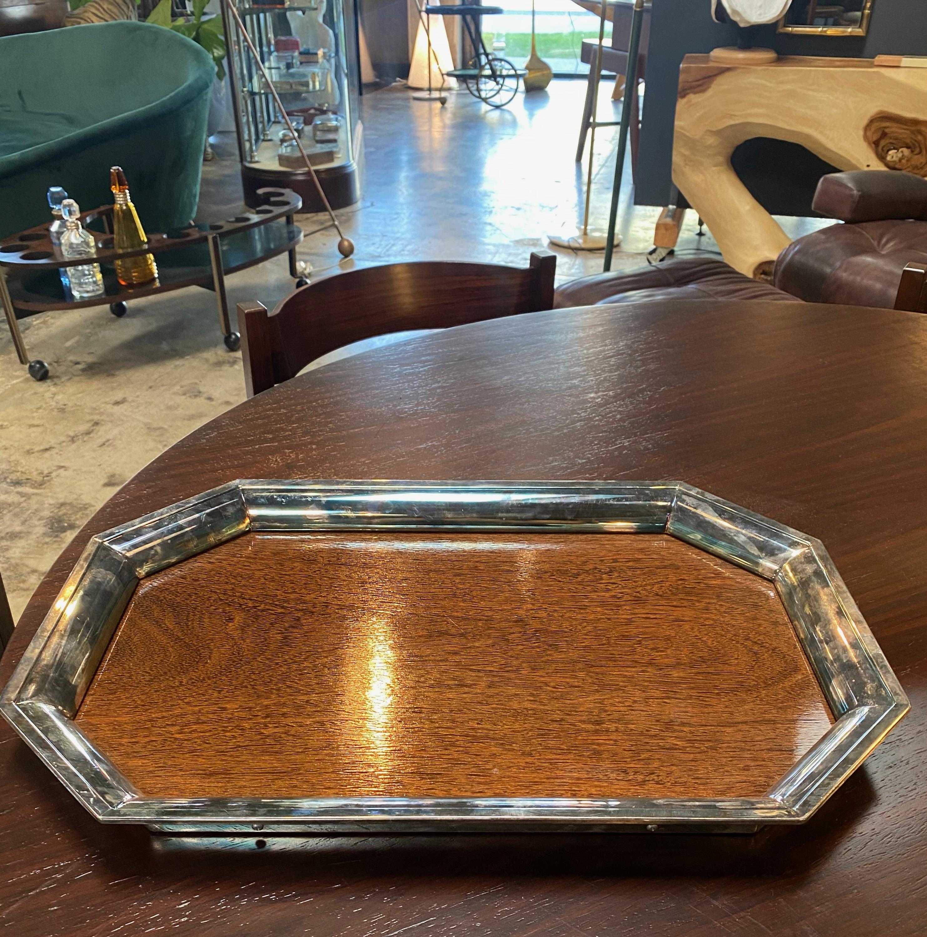 Italian Large Sterling Silver Mounted Wood Tray, Italy, 1950s