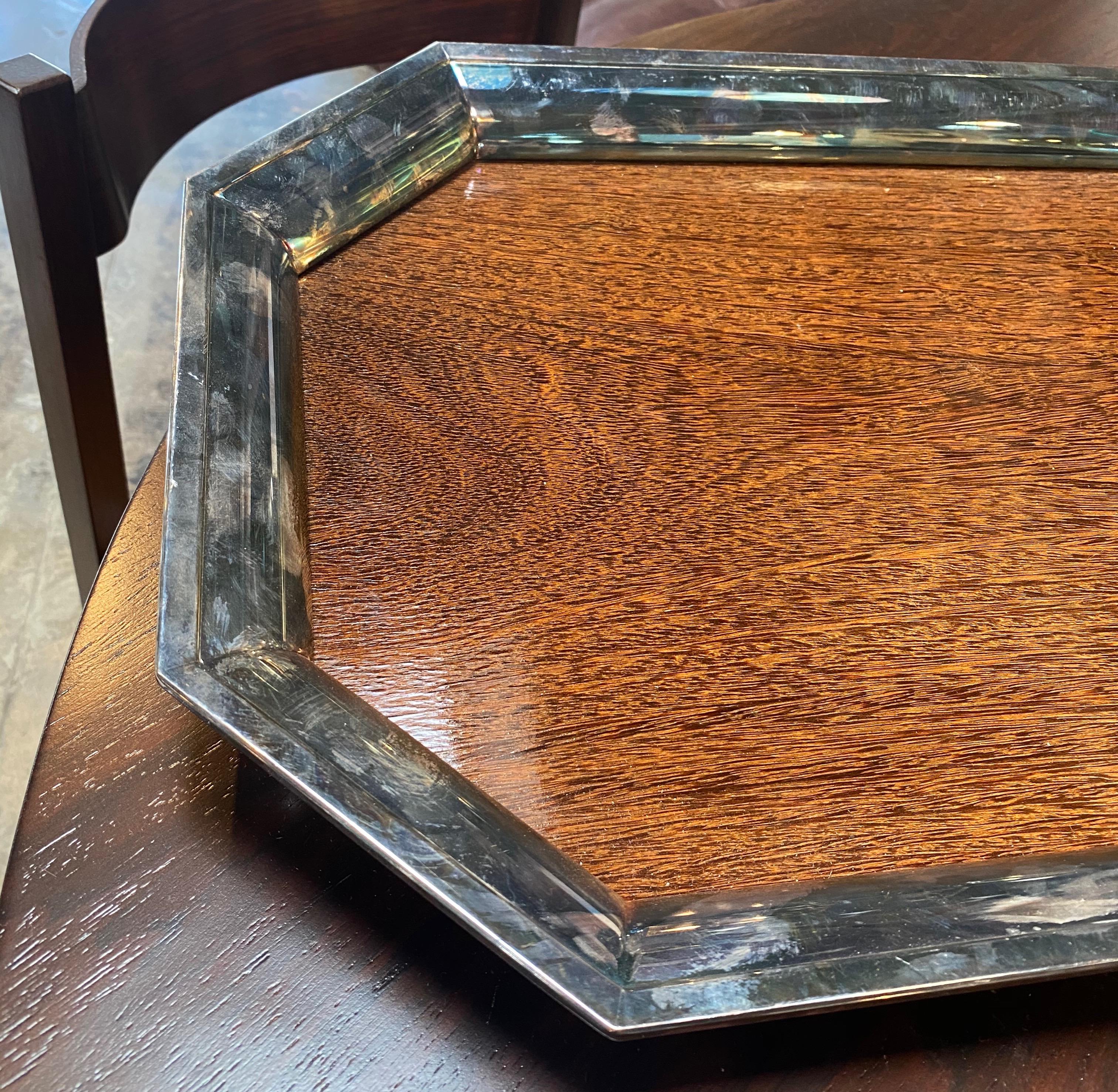 Large Sterling Silver Mounted Wood Tray, Italy, 1950s In Good Condition In Los Angeles, CA