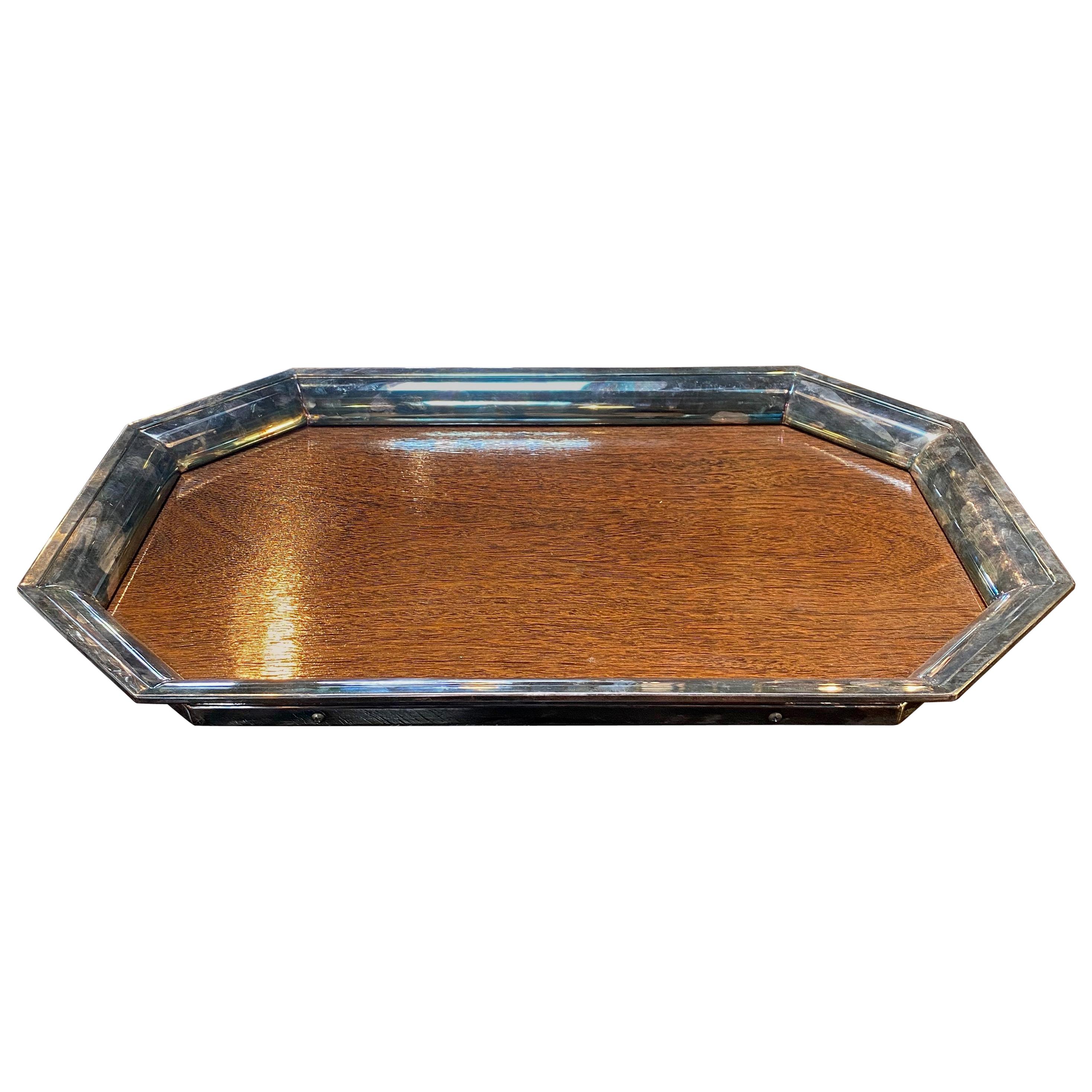 Large Sterling Silver Mounted Wood Tray, Italy, 1950s