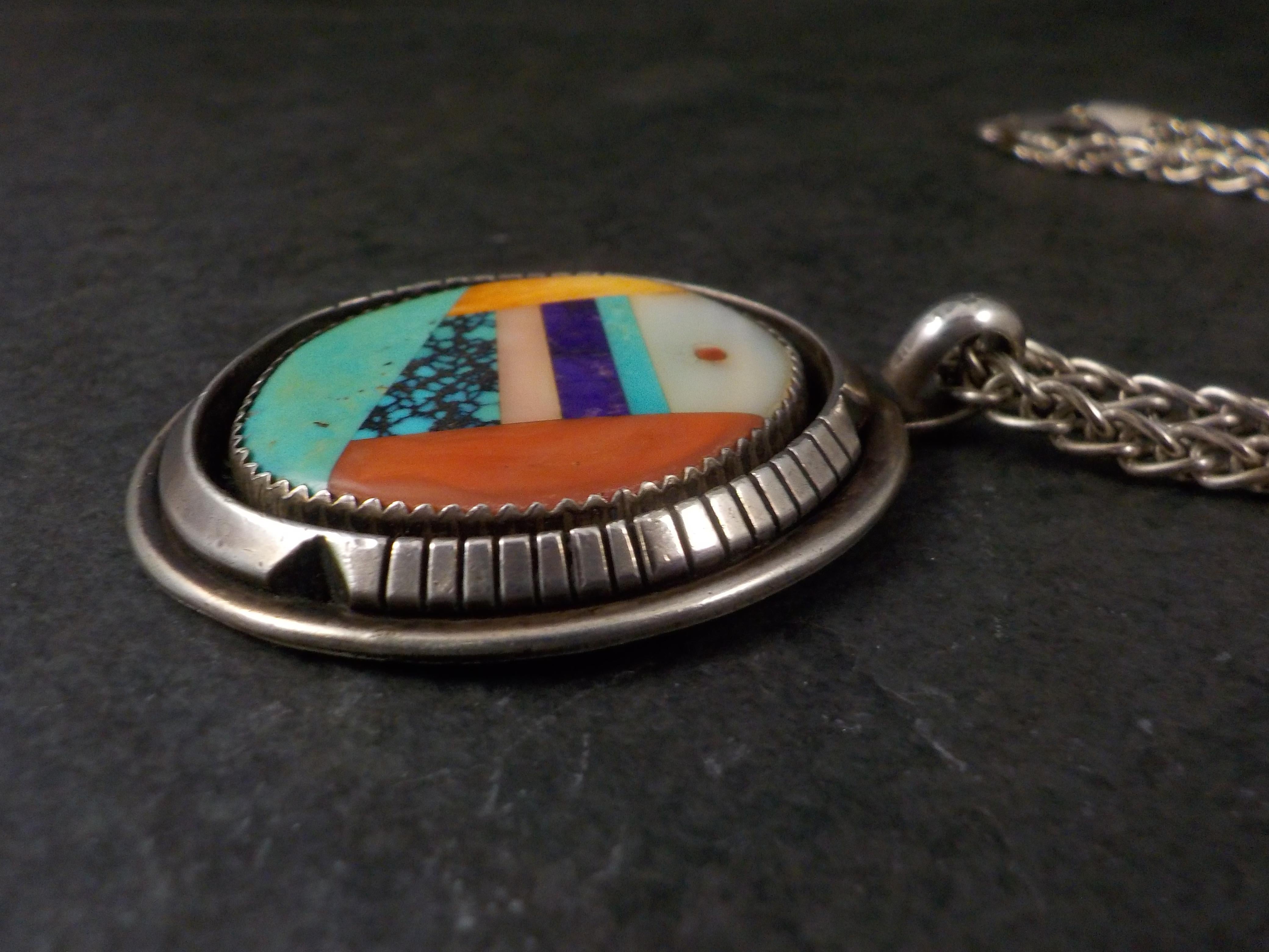 Large Sterling Silver Native American Inlay Pendant Necklace For Sale 6
