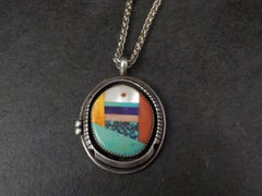 Large Sterling Silver Native American Inlay Pendant Necklace
