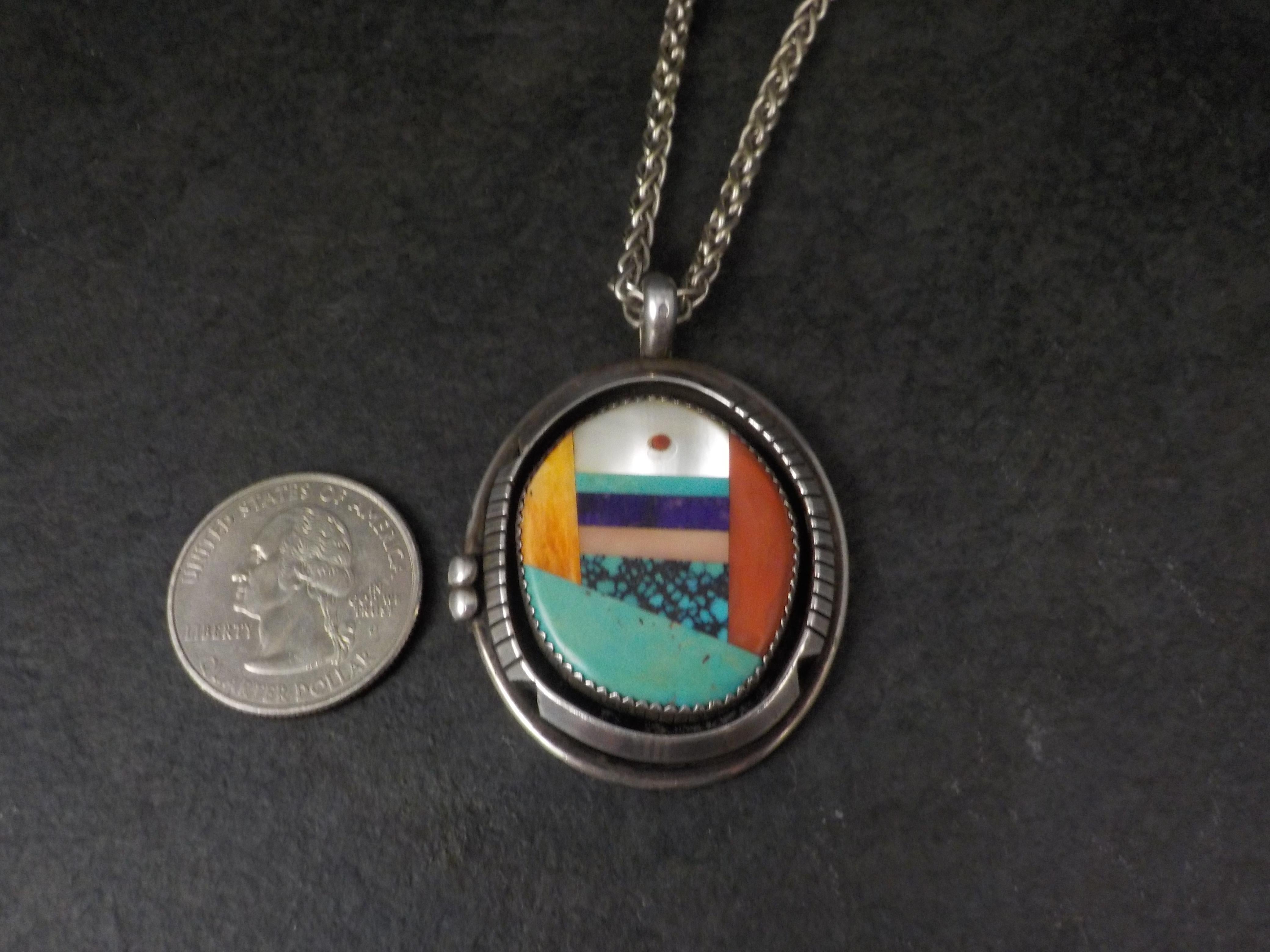 Mixed Cut Large Sterling Silver Native American Inlay Pendant Necklace For Sale