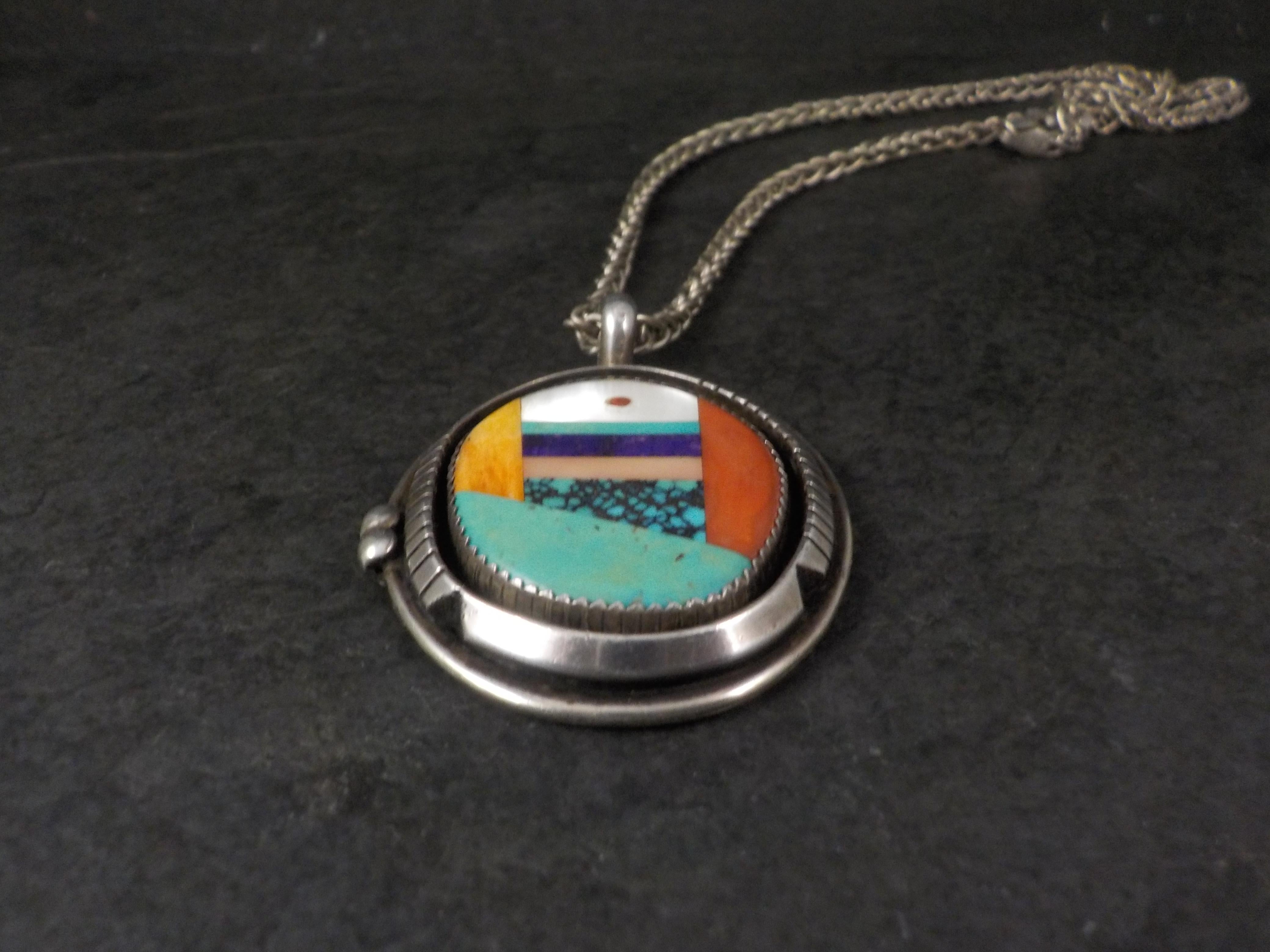 Large Sterling Silver Native American Inlay Pendant Necklace In Excellent Condition For Sale In Webster, SD