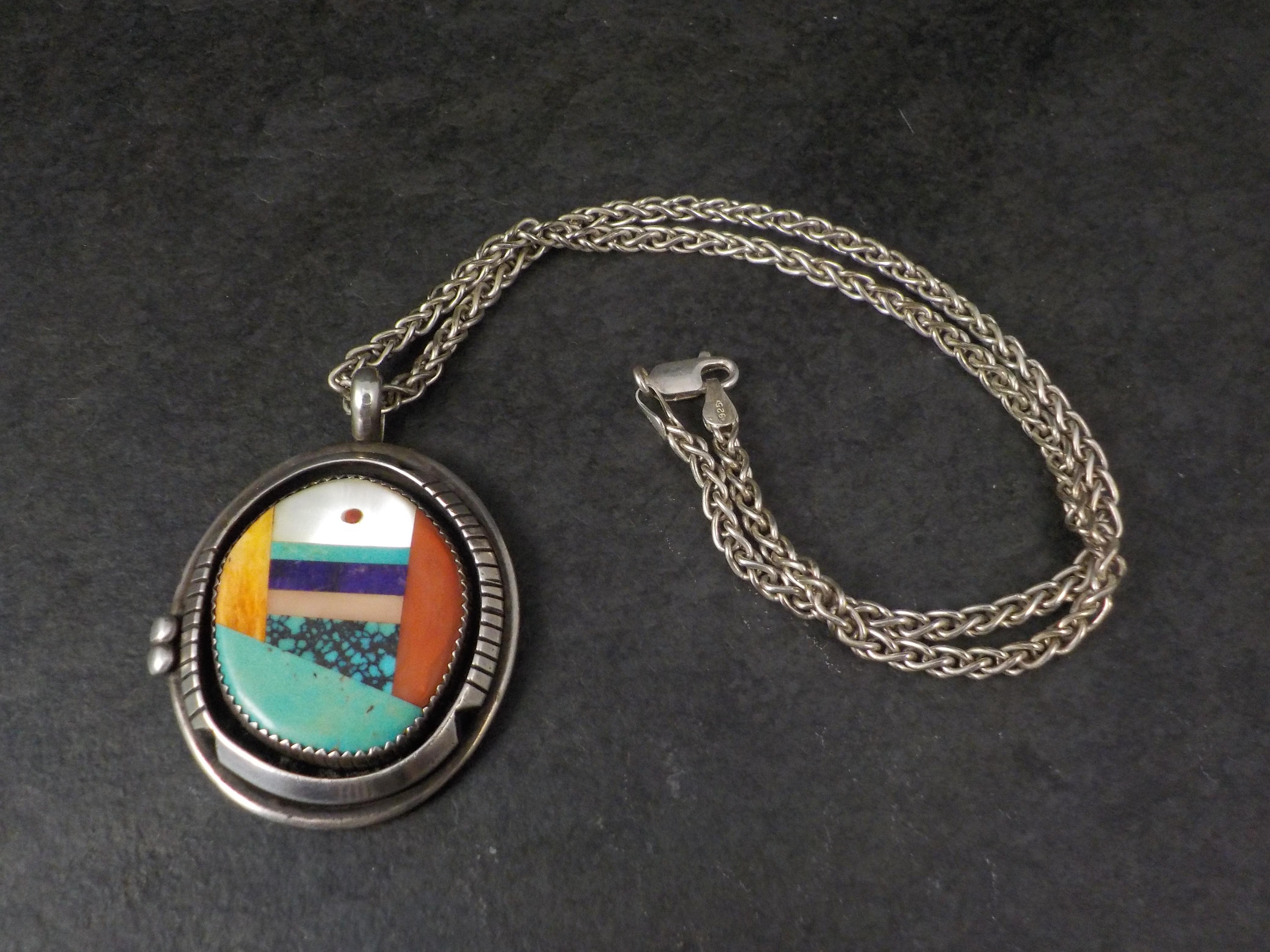 Women's or Men's Large Sterling Silver Native American Inlay Pendant Necklace For Sale