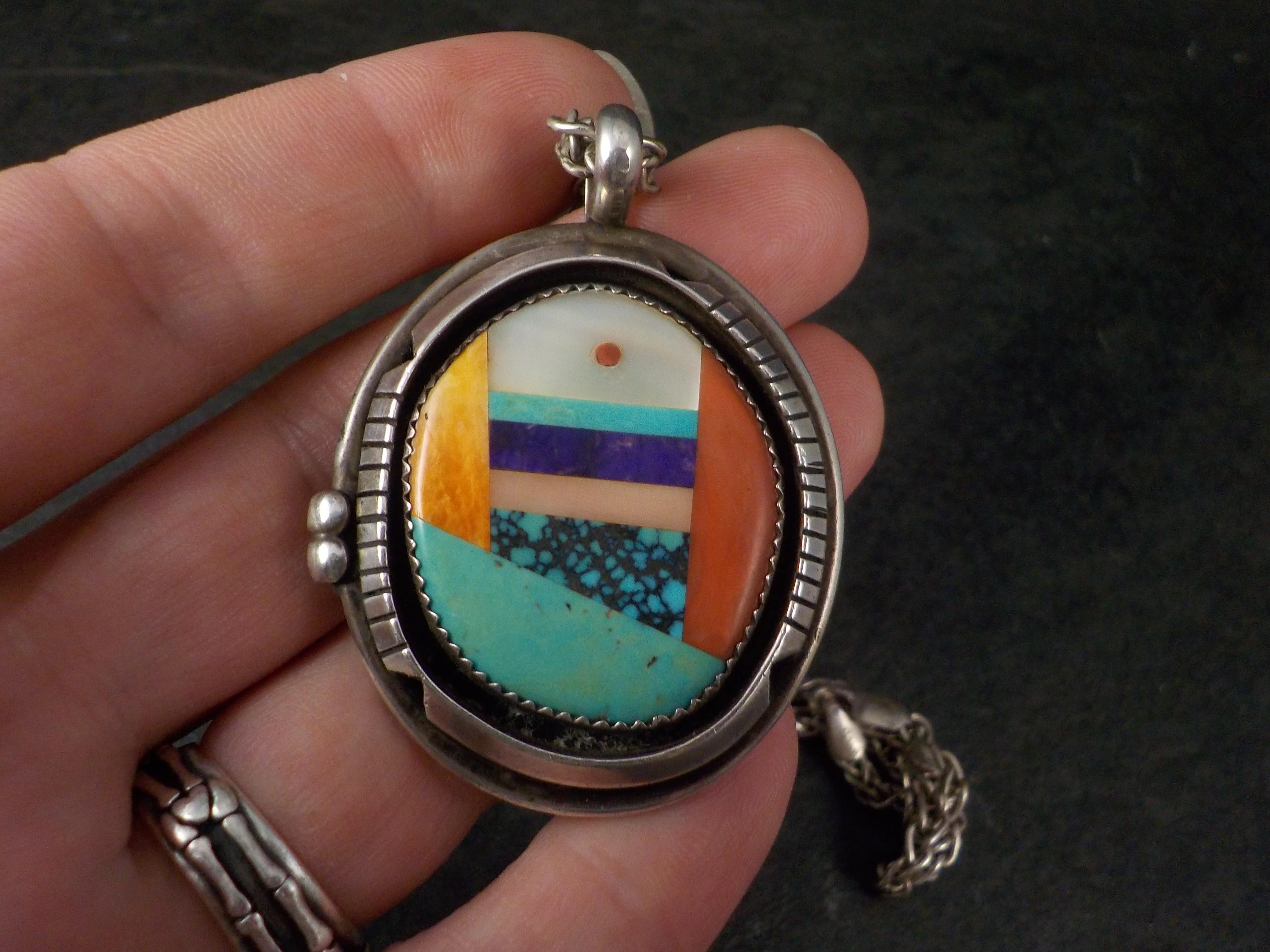 Large Sterling Silver Native American Inlay Pendant Necklace For Sale 4
