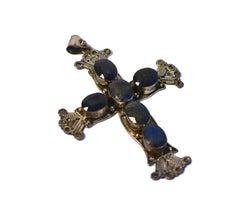 Large Sterling Silver Natural Sapphire Cross Pendant 40 Carats