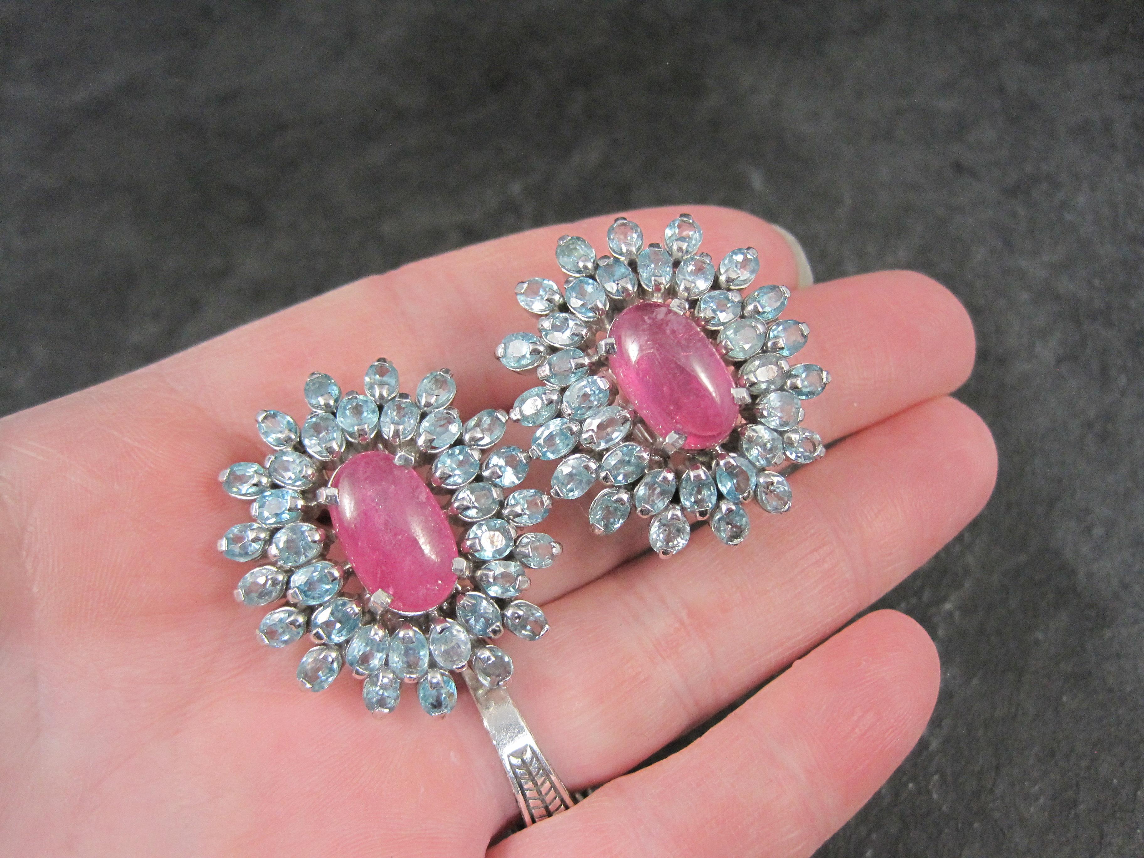 Large Sterling Silver Pink Sapphire Blue Topaz French Back Earrings For Sale 6