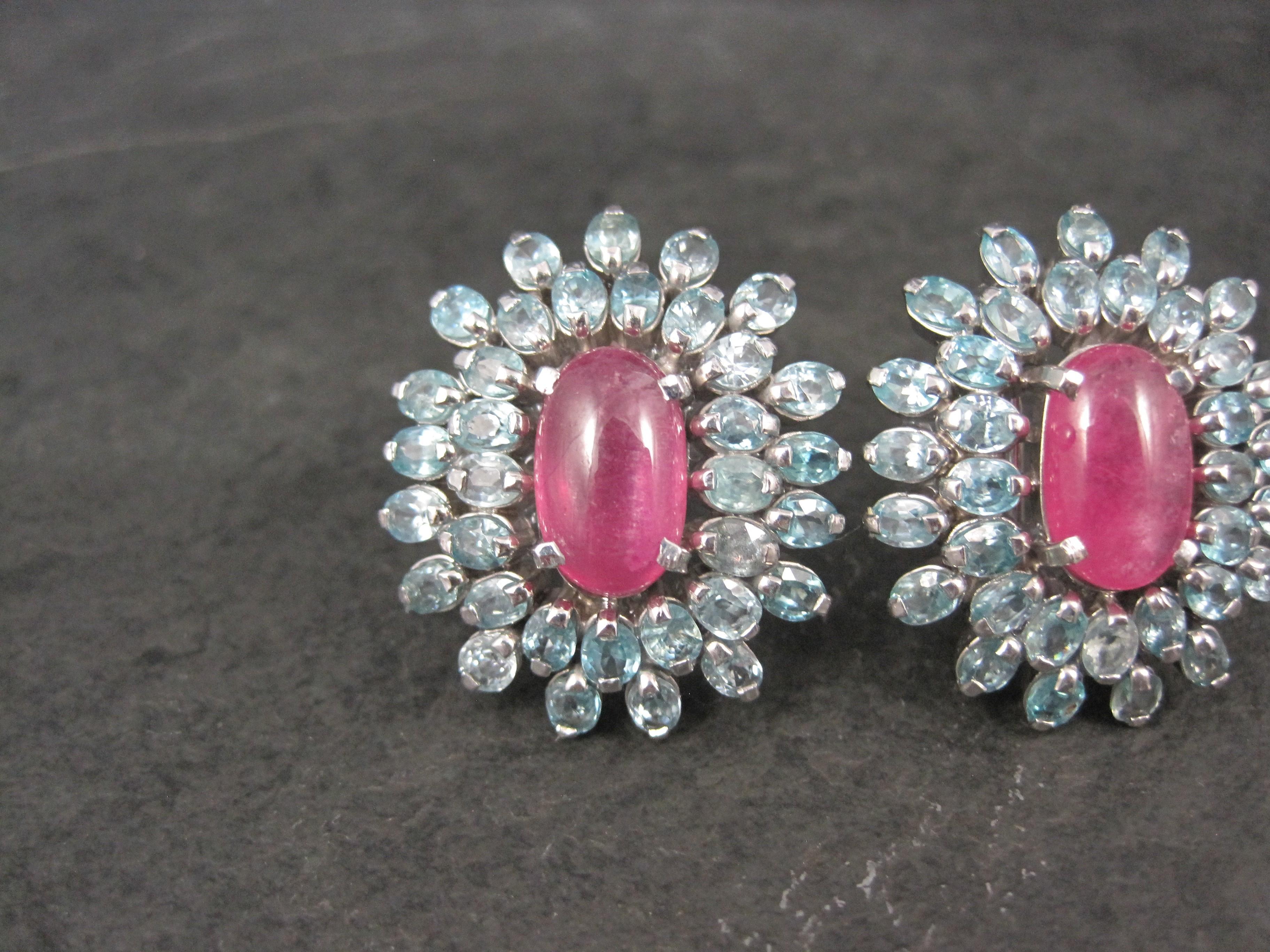 Art Deco Large Sterling Silver Pink Sapphire Blue Topaz French Back Earrings For Sale