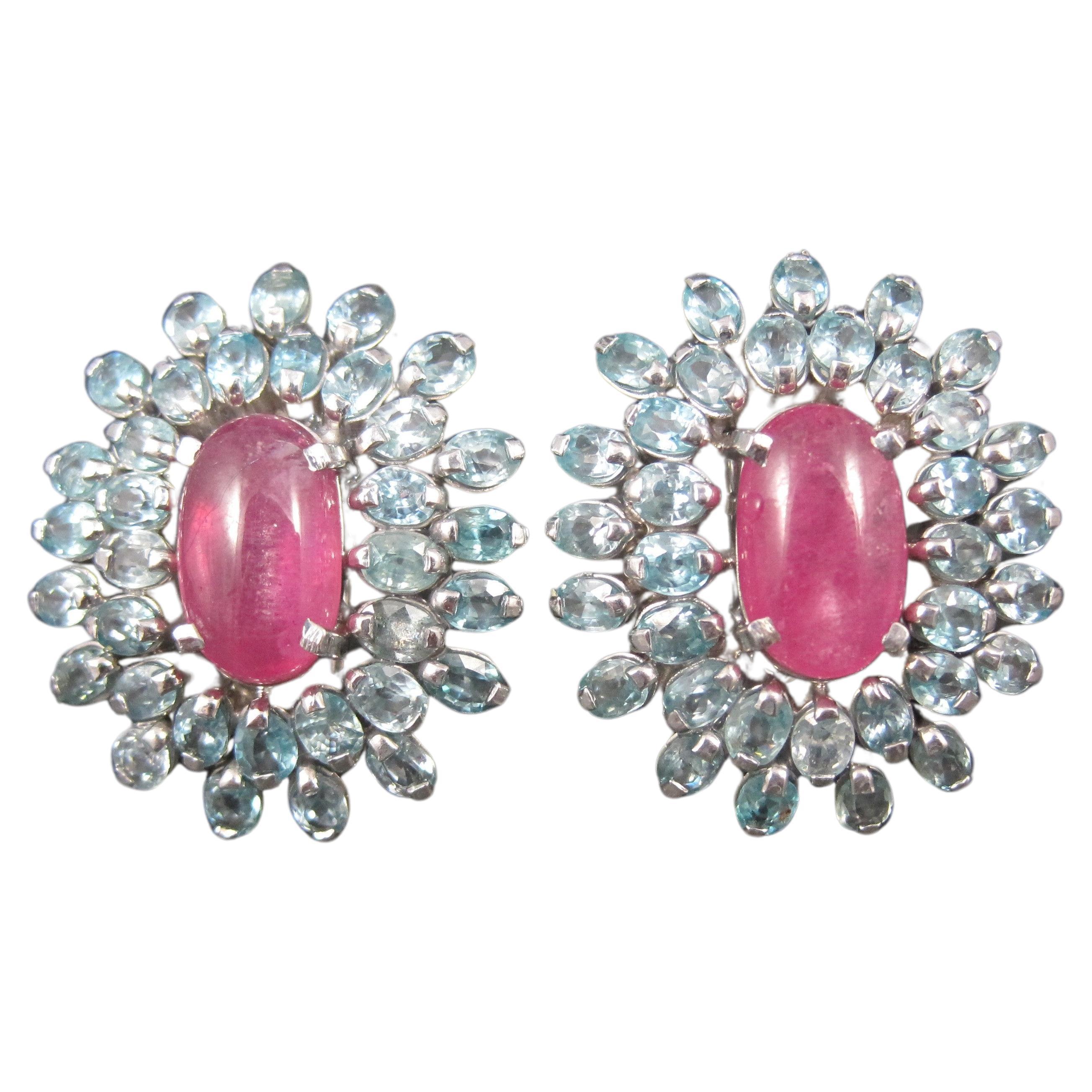 Large Sterling Silver Pink Sapphire Blue Topaz French Back Earrings For Sale