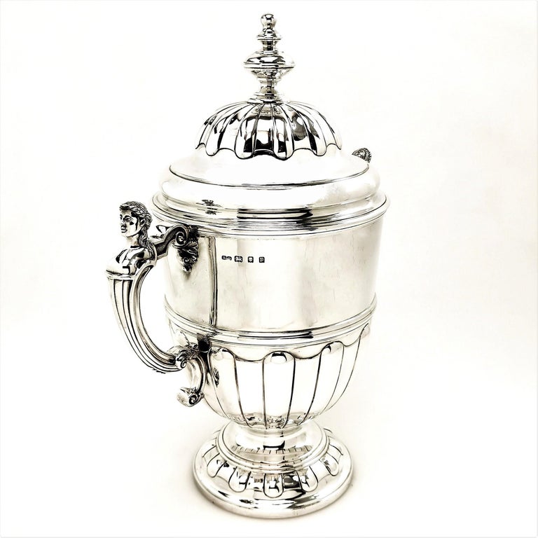 English Large Sterling Silver Trophy Lidded Cup and Cover 1930 Champagne Cooler For Sale